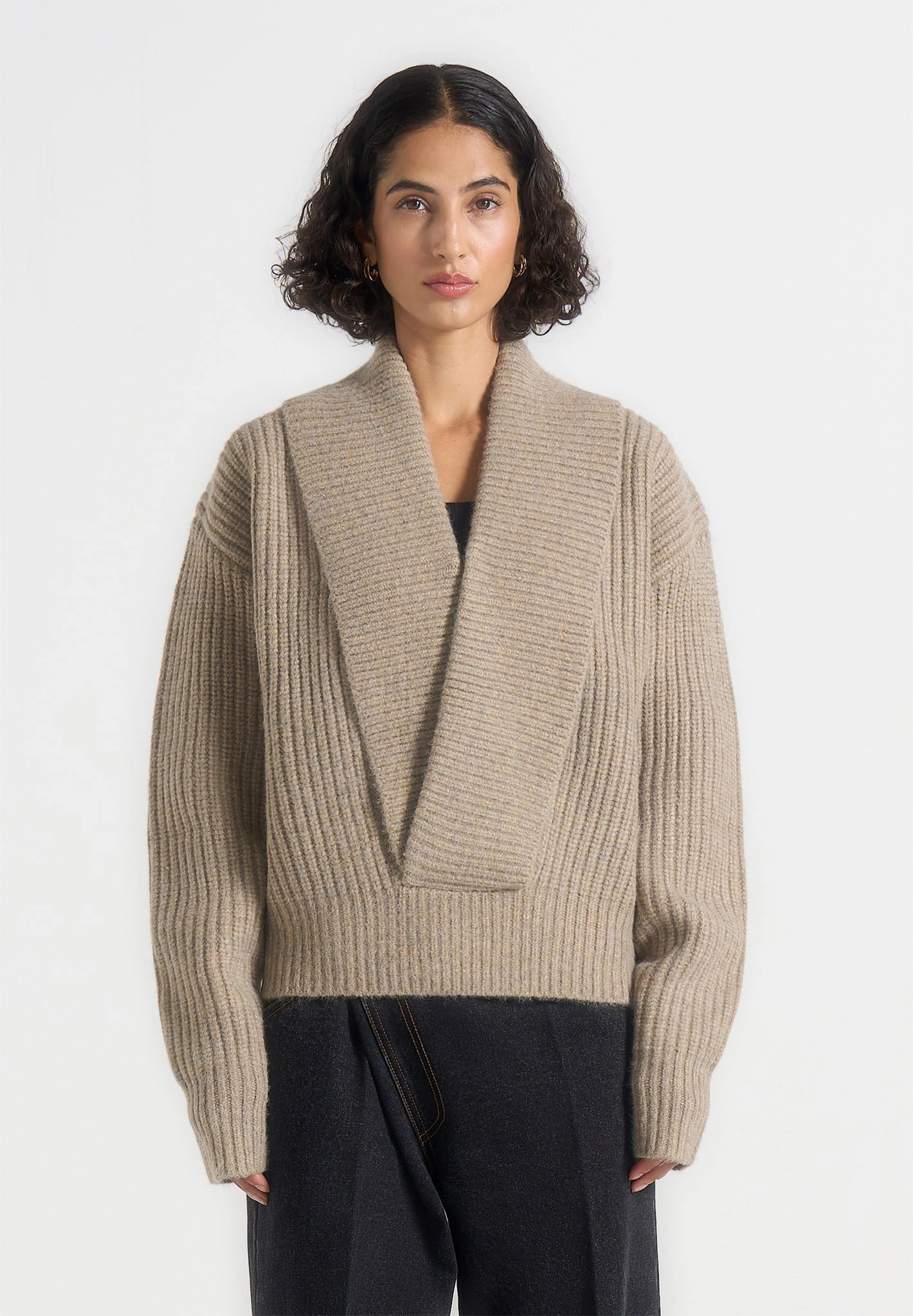 Home Casual Lightweight Design Azra - Plunge Knit Jumper - Taupe
