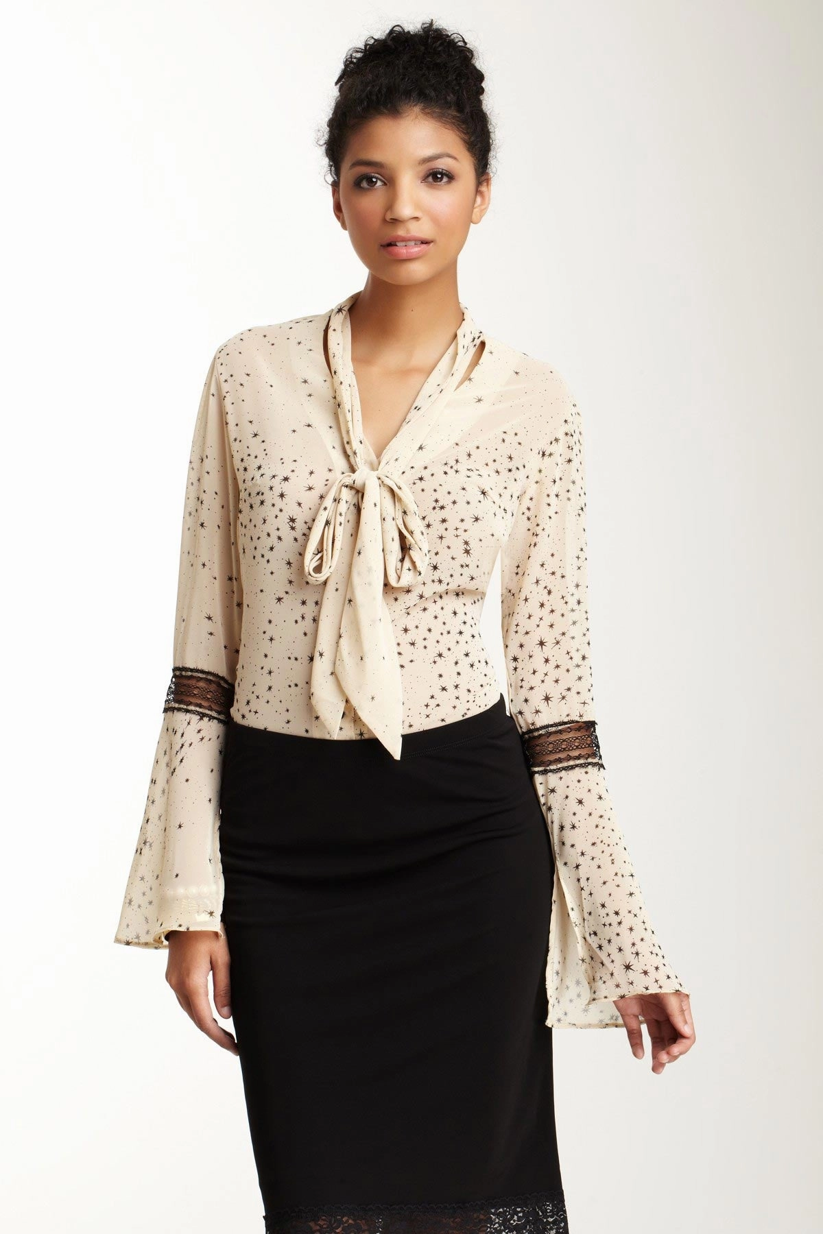 Lace Sleeve Scarf Shirt - Beige Star MultiDirectionalStretch