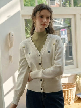 Tubular Knit Method Street Comfort ?? Final Sale??Vivian V-Neck Contrasting Embroidery Cardigan