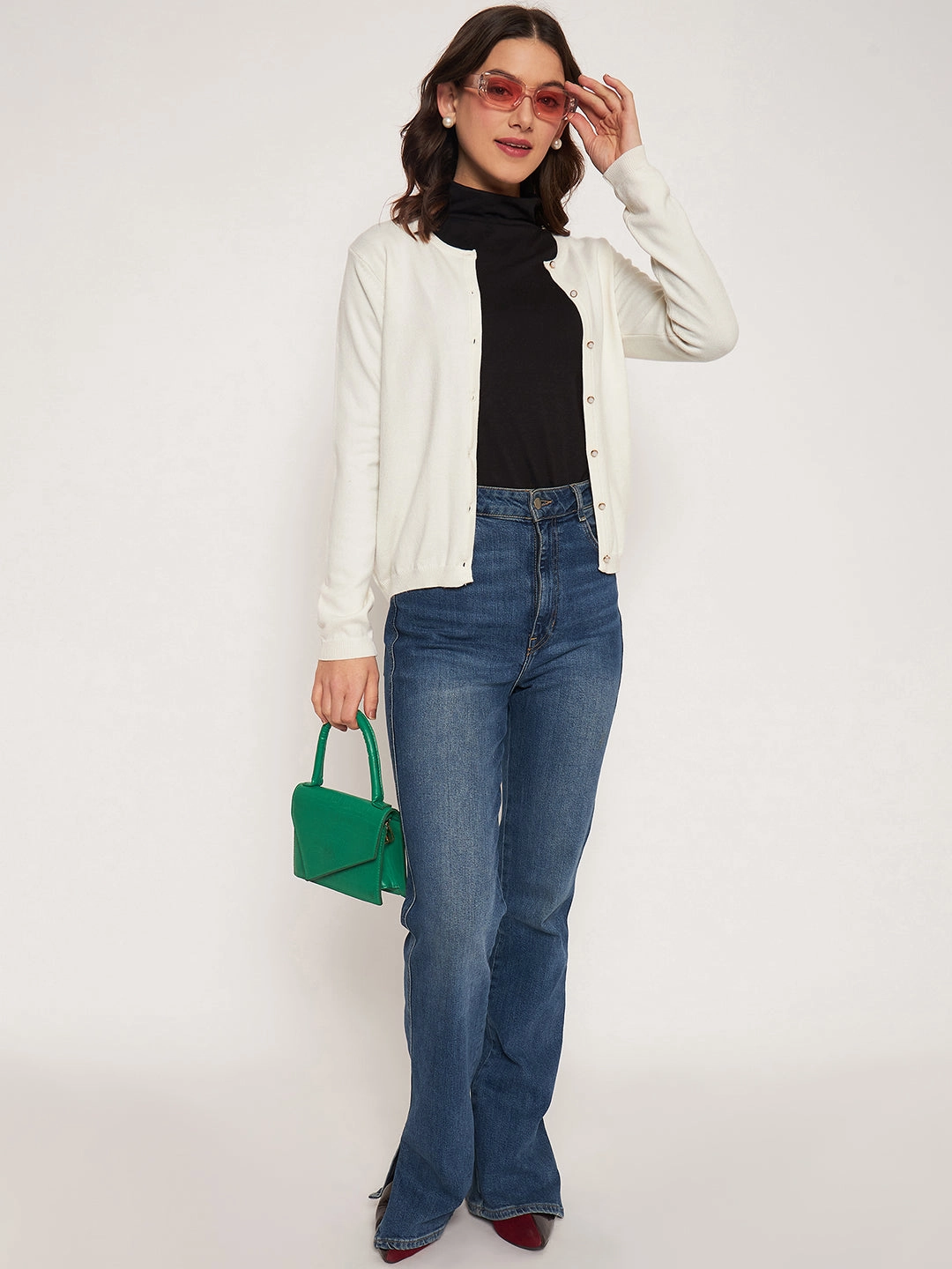 Madame Offwhite Round Neck Cardigan LayeredCollar Lightweight