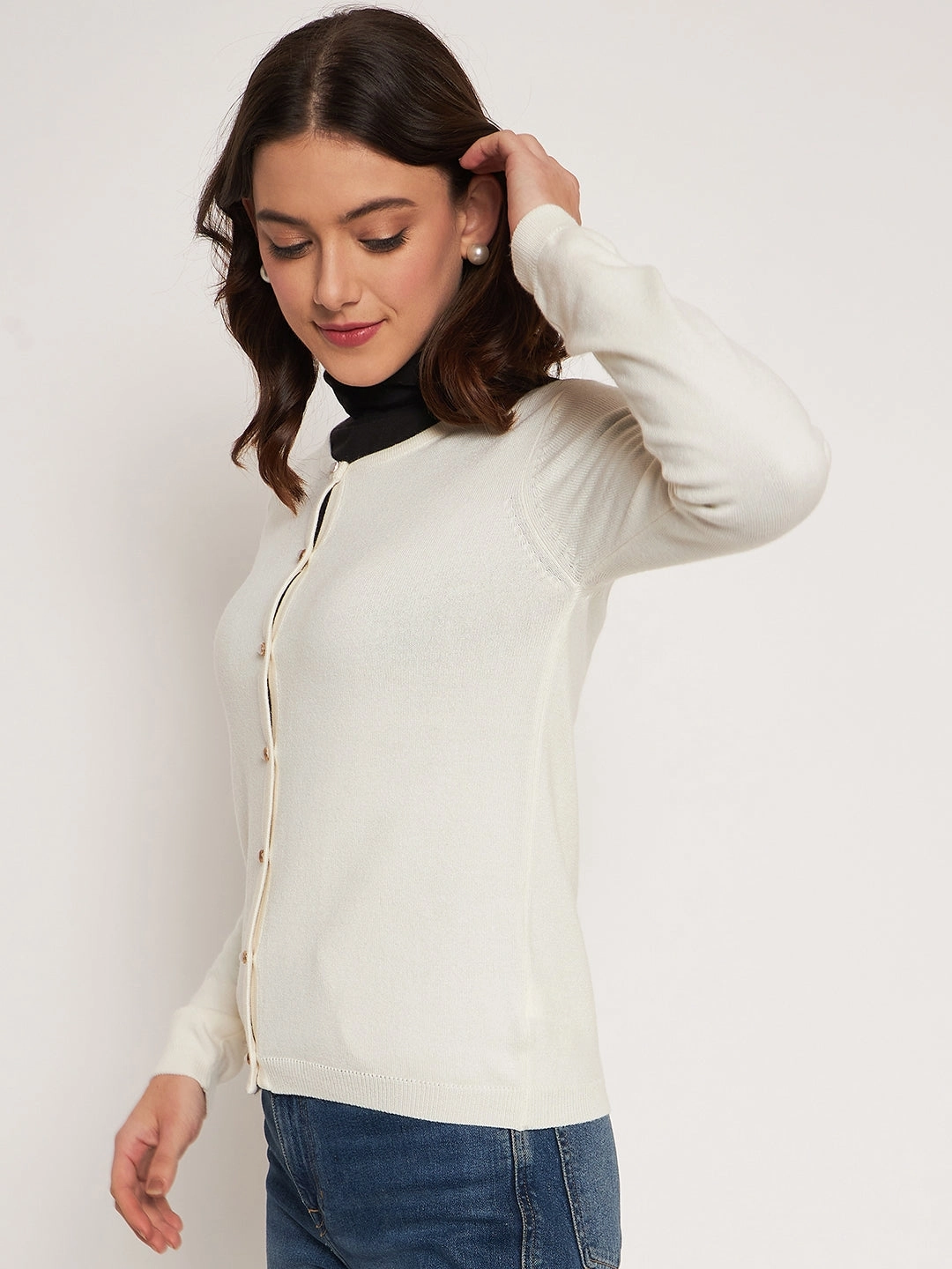 UltraSoft Blend Roll Up Sleeve System Madame Offwhite Round Neck Cardigan