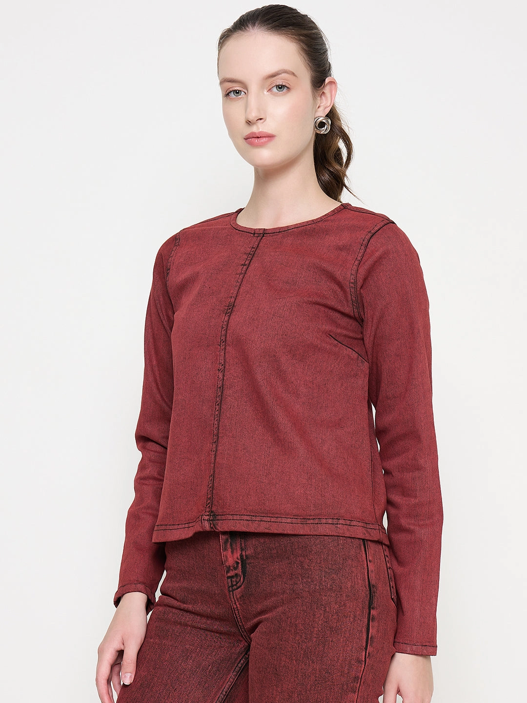 Madame Cotton Blend Acid Wash Red Denim Top Stylish Dress