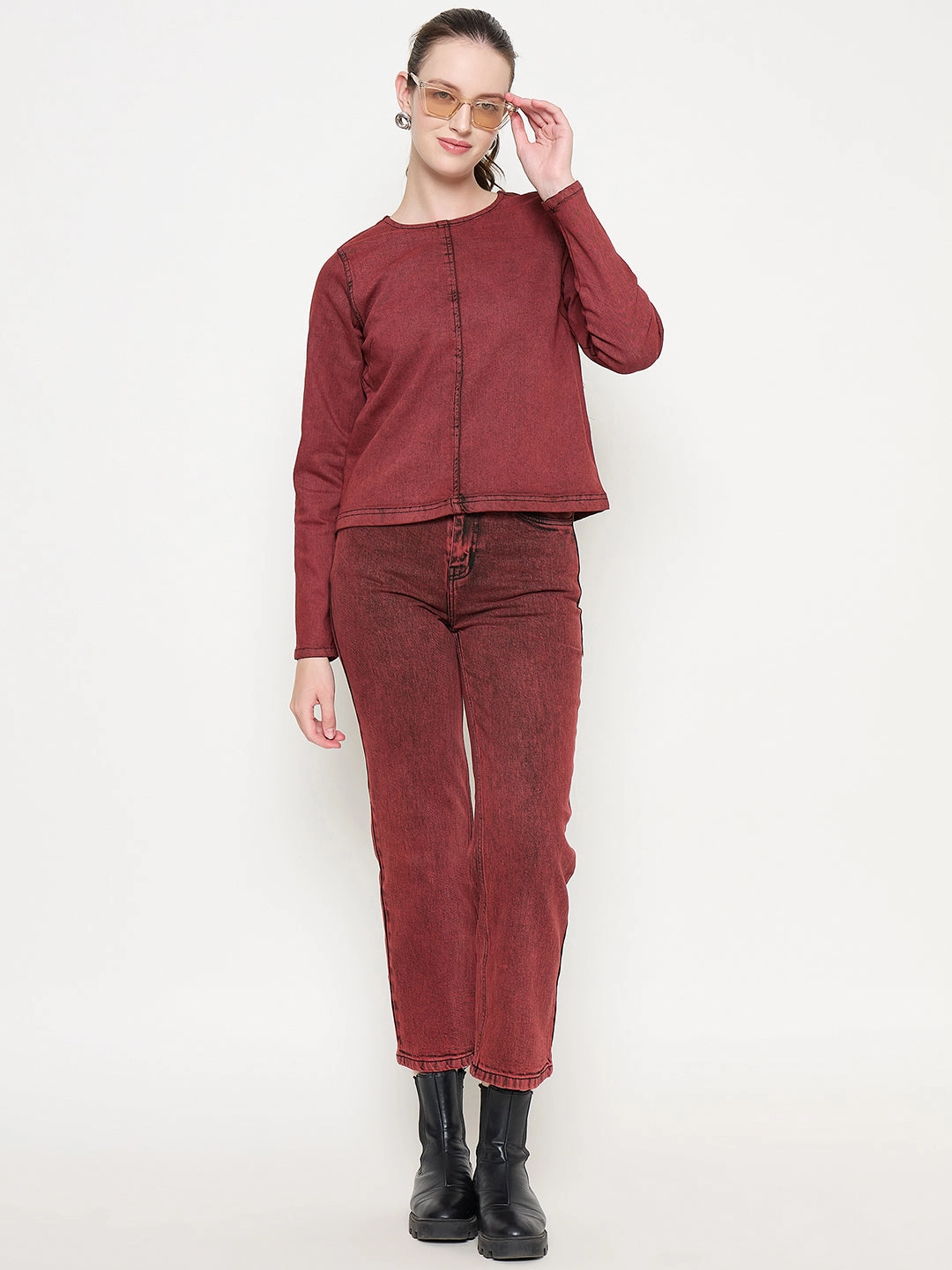 Madame Cotton Blend Acid Wash Red Denim Top QuickRelease Fastener