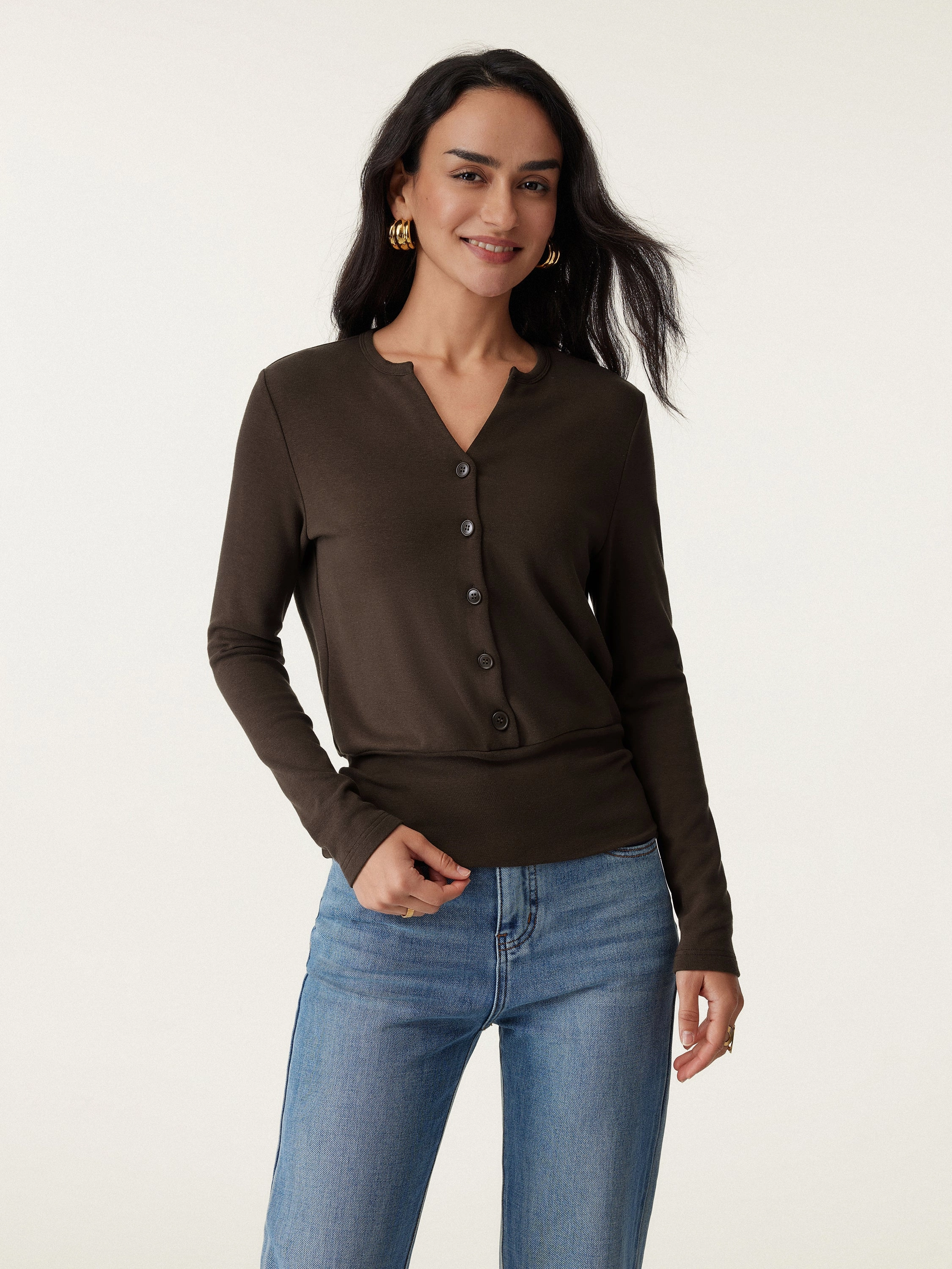 Compression Fit Engineering V-Neck Long Sleeve Half-Placket Top