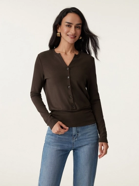 V-Neck Long Sleeve Half-Placket Top Flexible Ribbed Cuffs Layered Hem Reinforcement