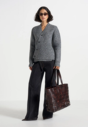 Dani - Unisex Asymmetric Brushed Wool Knit Cardigan - Grey Thermal regulation