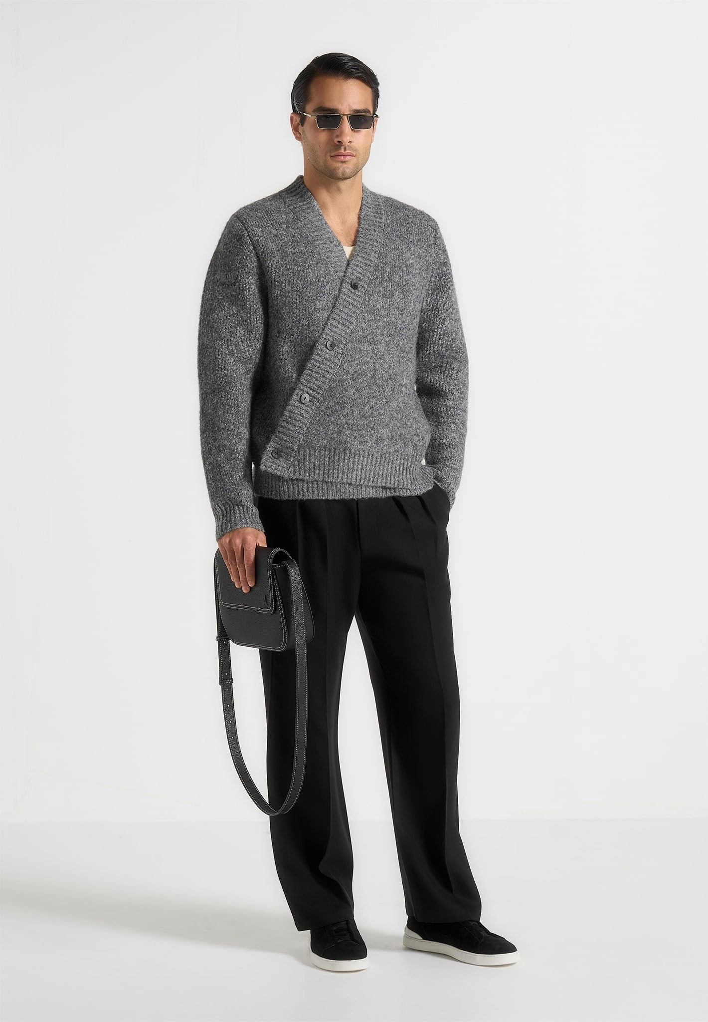 Dani - Unisex Asymmetric Brushed Wool Knit Cardigan - Grey Textured Weave Design Transitional Layer
