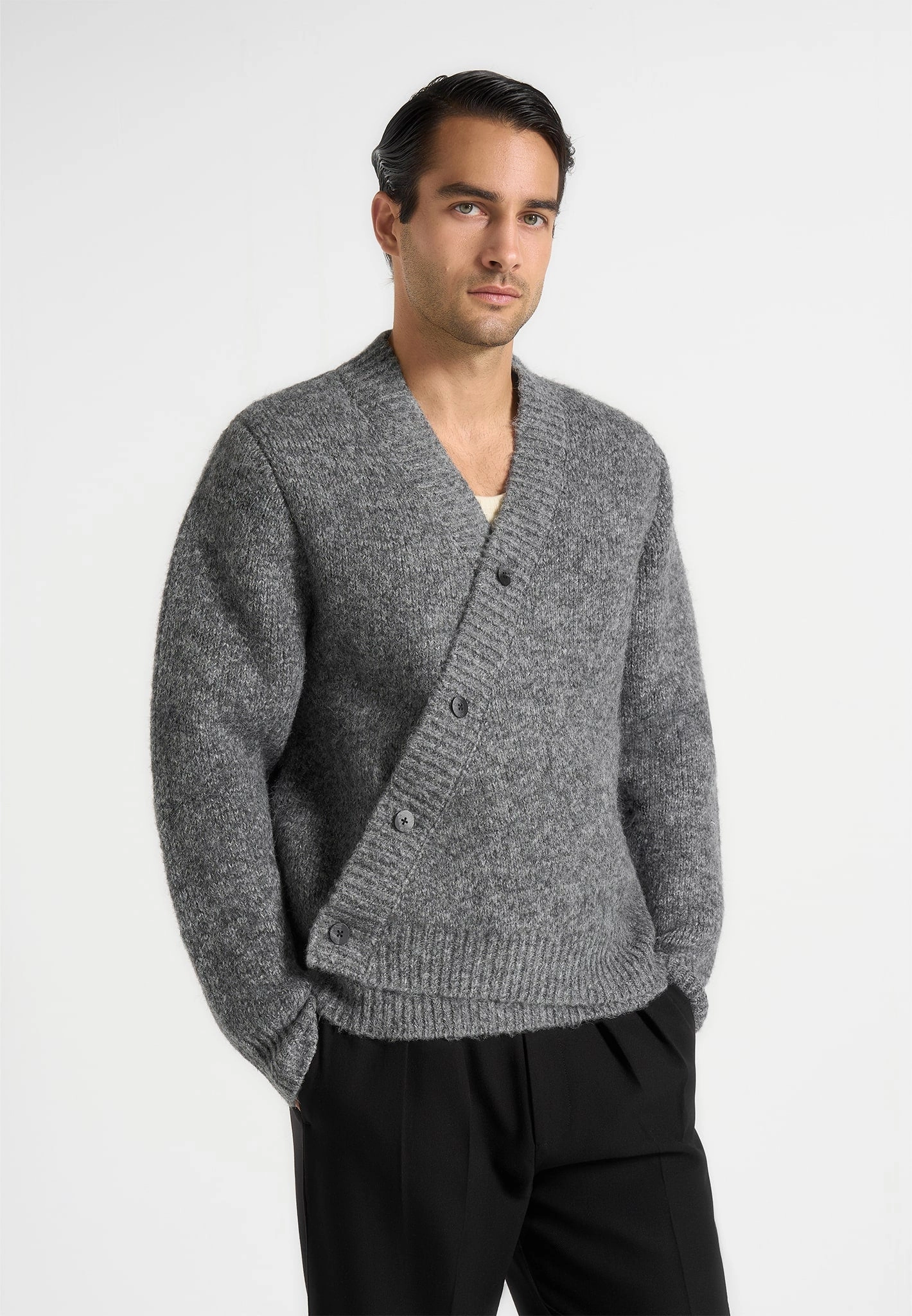 Dani - Unisex Asymmetric Brushed Wool Knit Cardigan - Grey Slub Texture