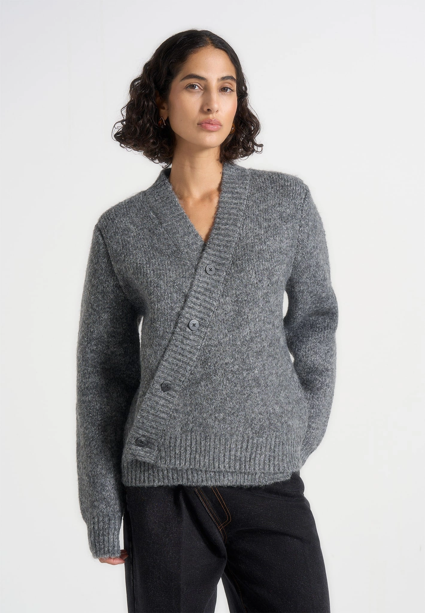 Daily Layered StretchWeave Fabric Dani - Unisex Asymmetric Brushed Wool Knit Cardigan - Grey