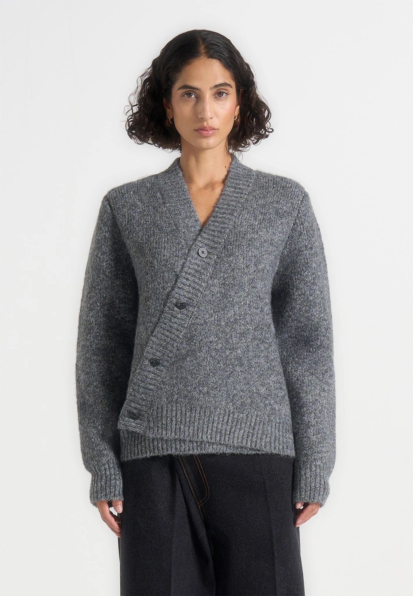 Machine Washable Design Natural Fiber Blend Dani - Unisex Asymmetric Brushed Wool Knit Cardigan - Grey