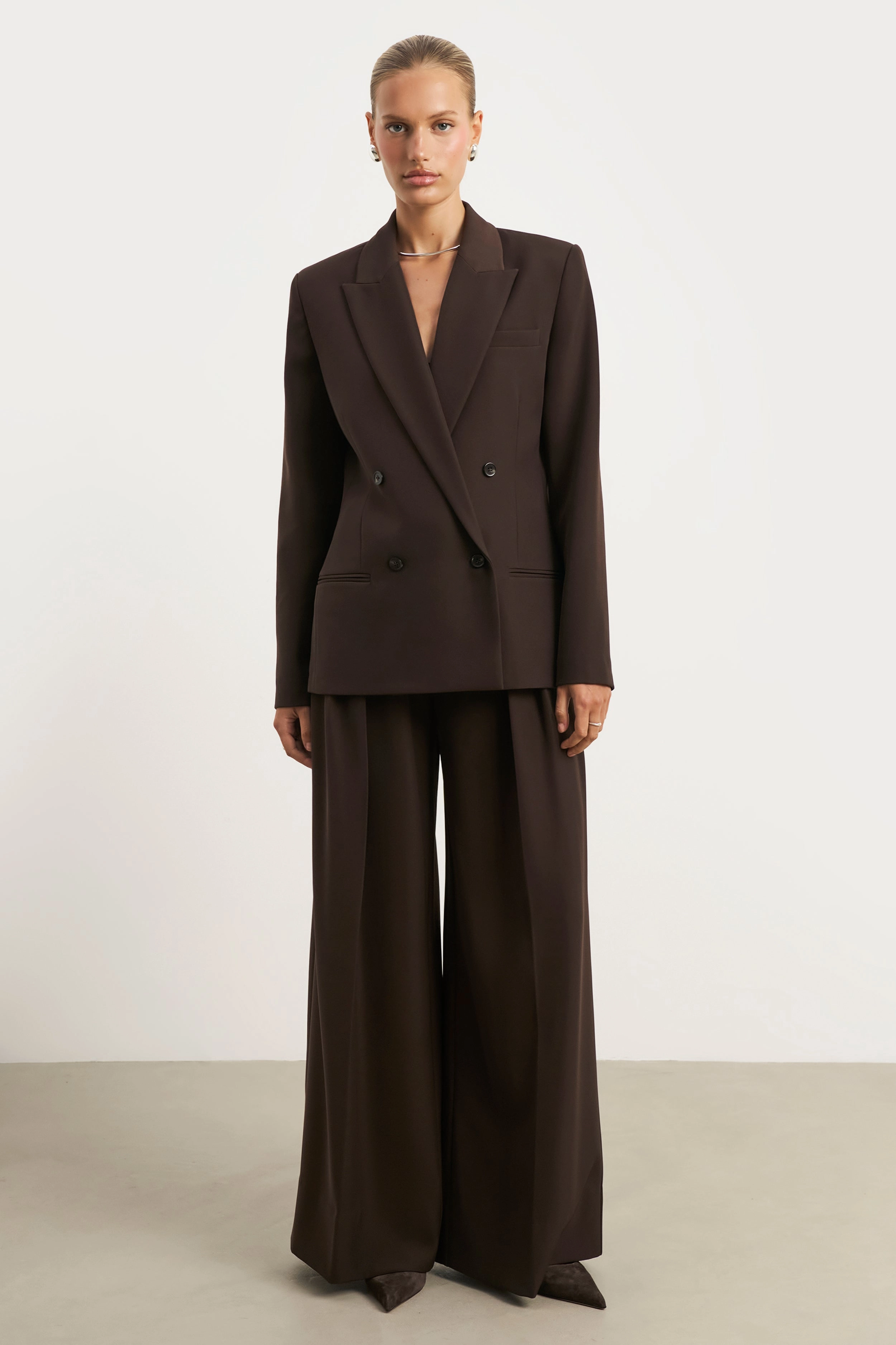 Dropped Waist Double Breasted Blazer - Carob Water-resistant Versatile Design