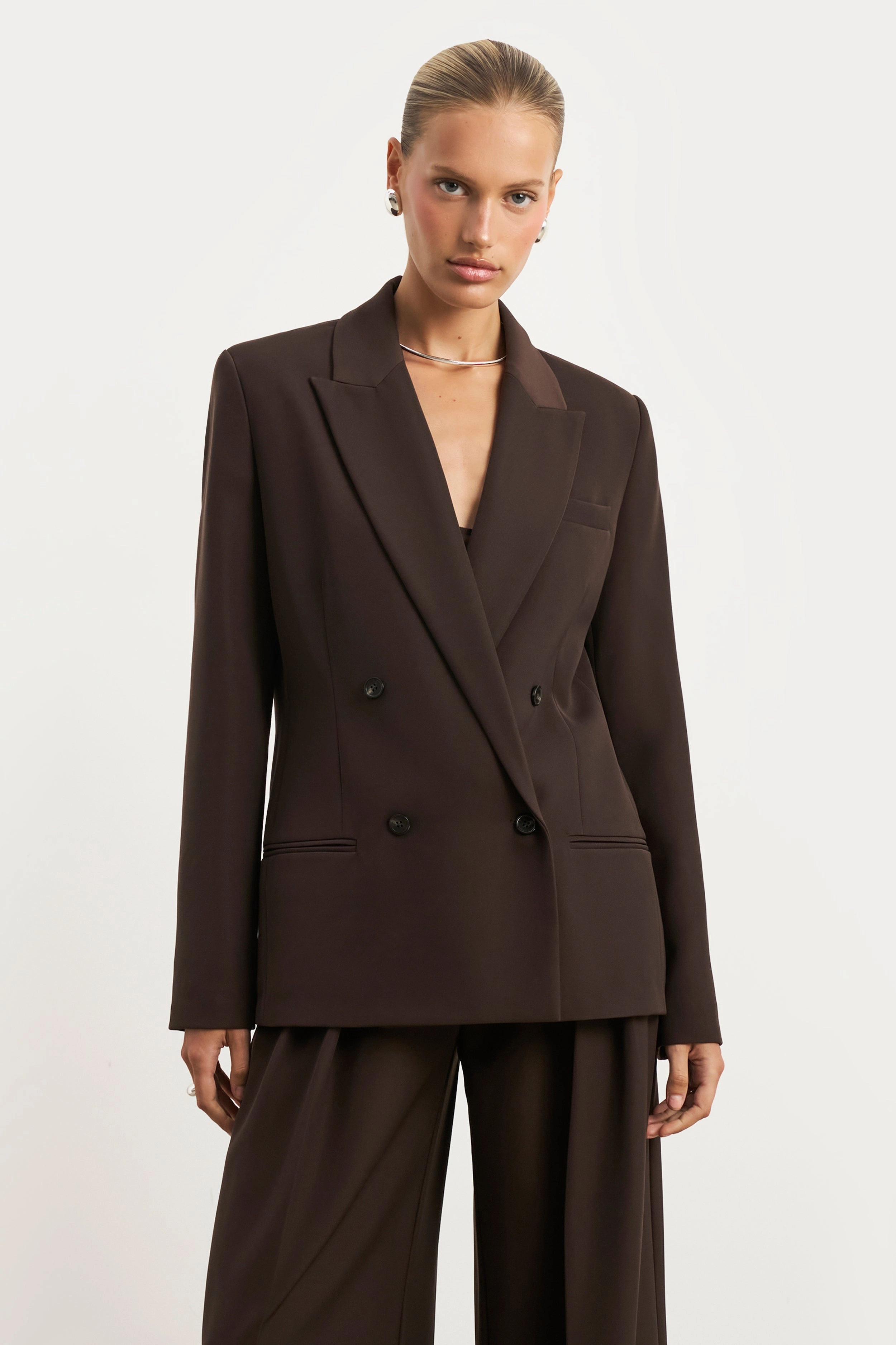 Soft Material Supportive Closure Dropped Waist Double Breasted Blazer - Carob