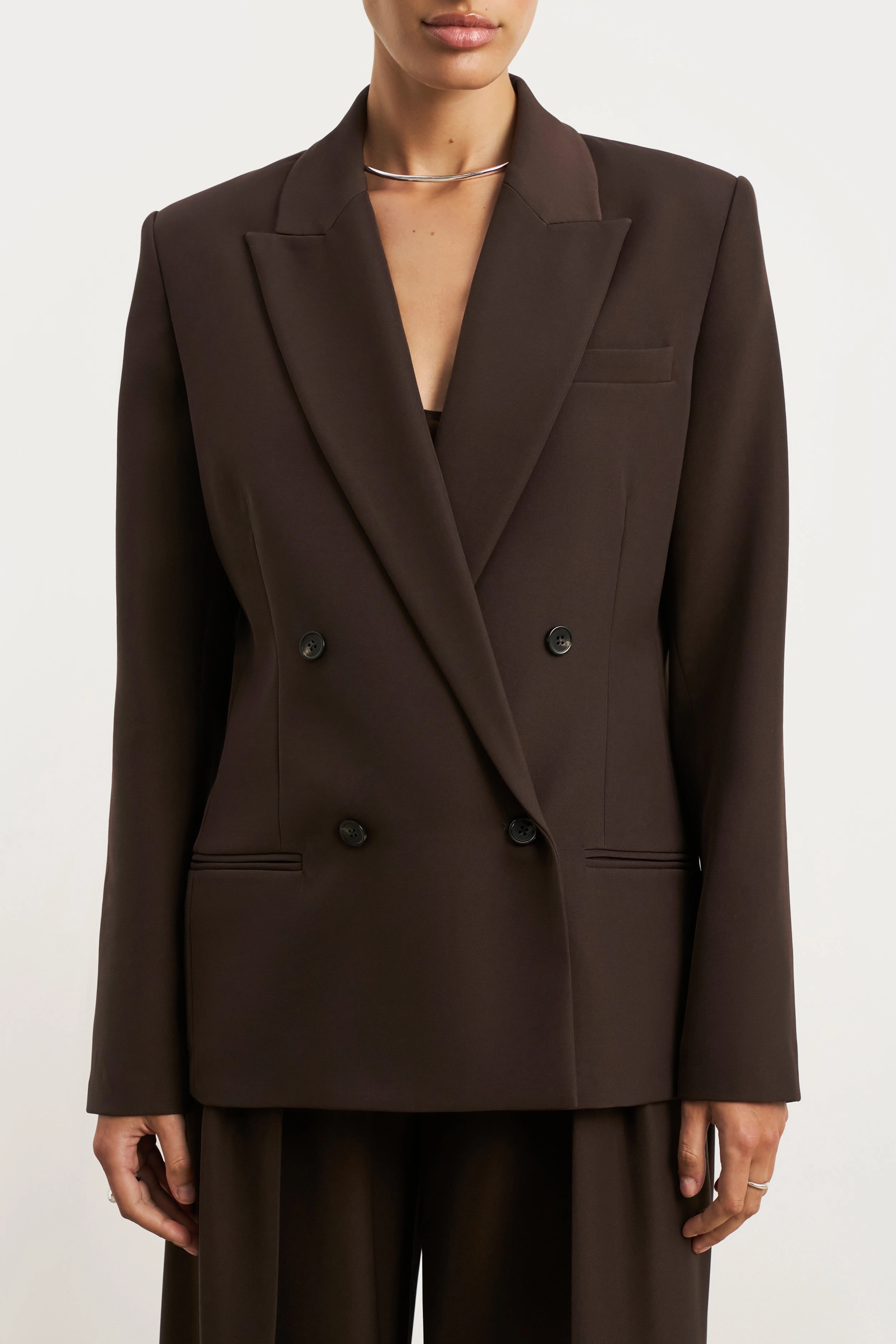 Dropped Waist Double Breasted Blazer - Carob Organic activewear stretchy fabric