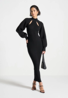 DoubleLayered Hem Balloon Sleeve Knitted Contour Maxi Dress - Black
