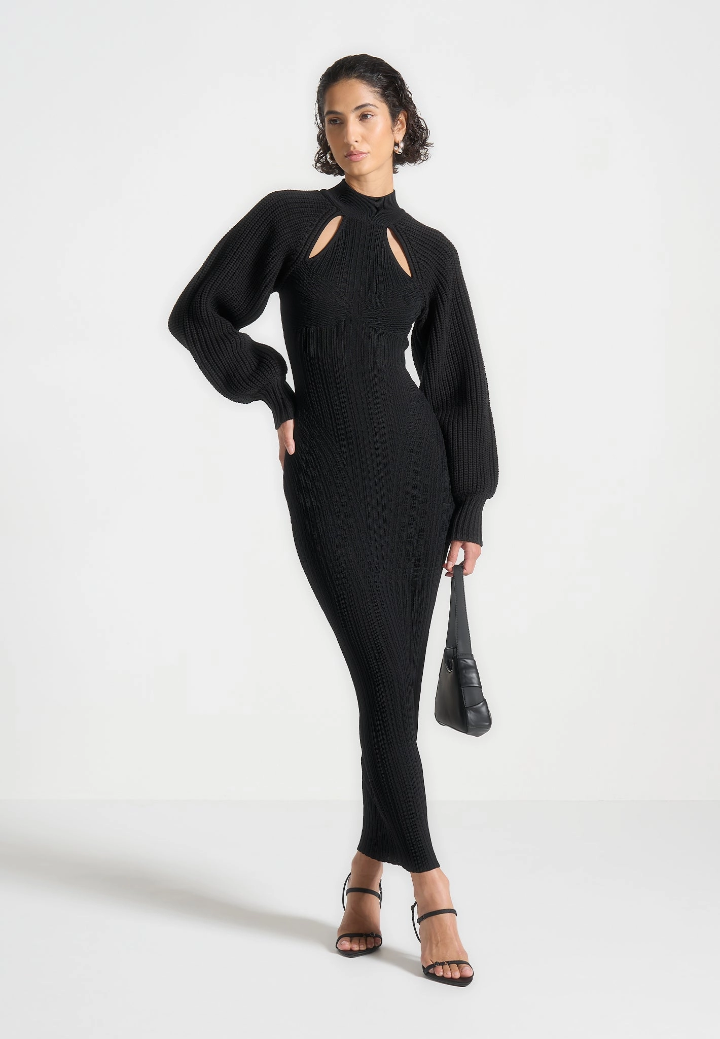 DoubleLayered Hem Balloon Sleeve Knitted Contour Maxi Dress - Black