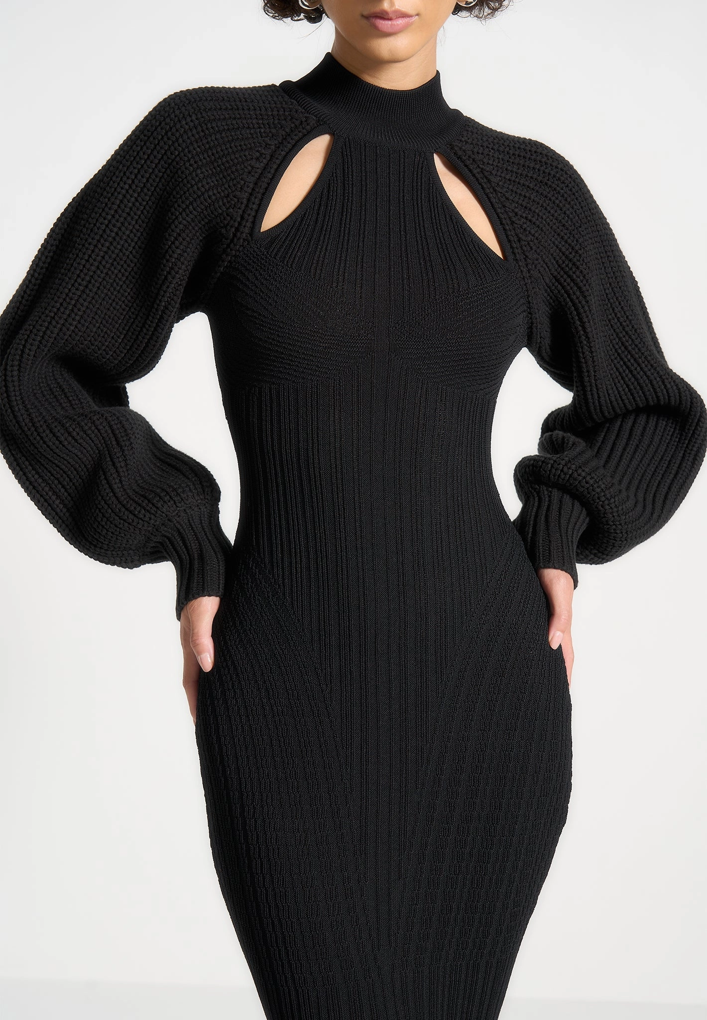 Balloon Sleeve Knitted Contour Maxi Dress - Black Cold Comforted Flatlock Seam Construction