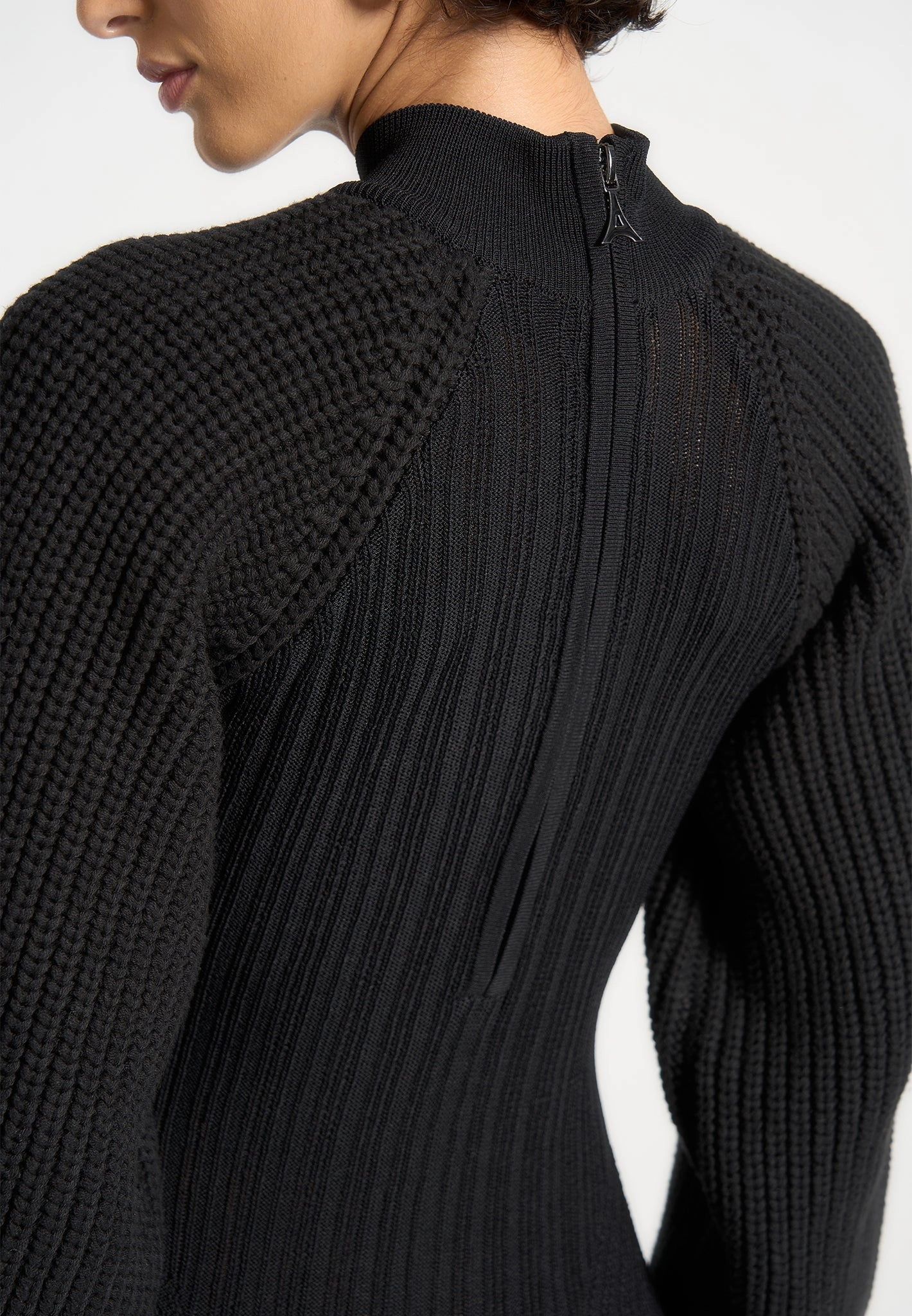 MidWeight Construction Ribbed Hemline Balloon Sleeve Knitted Contour Maxi Dress - Black