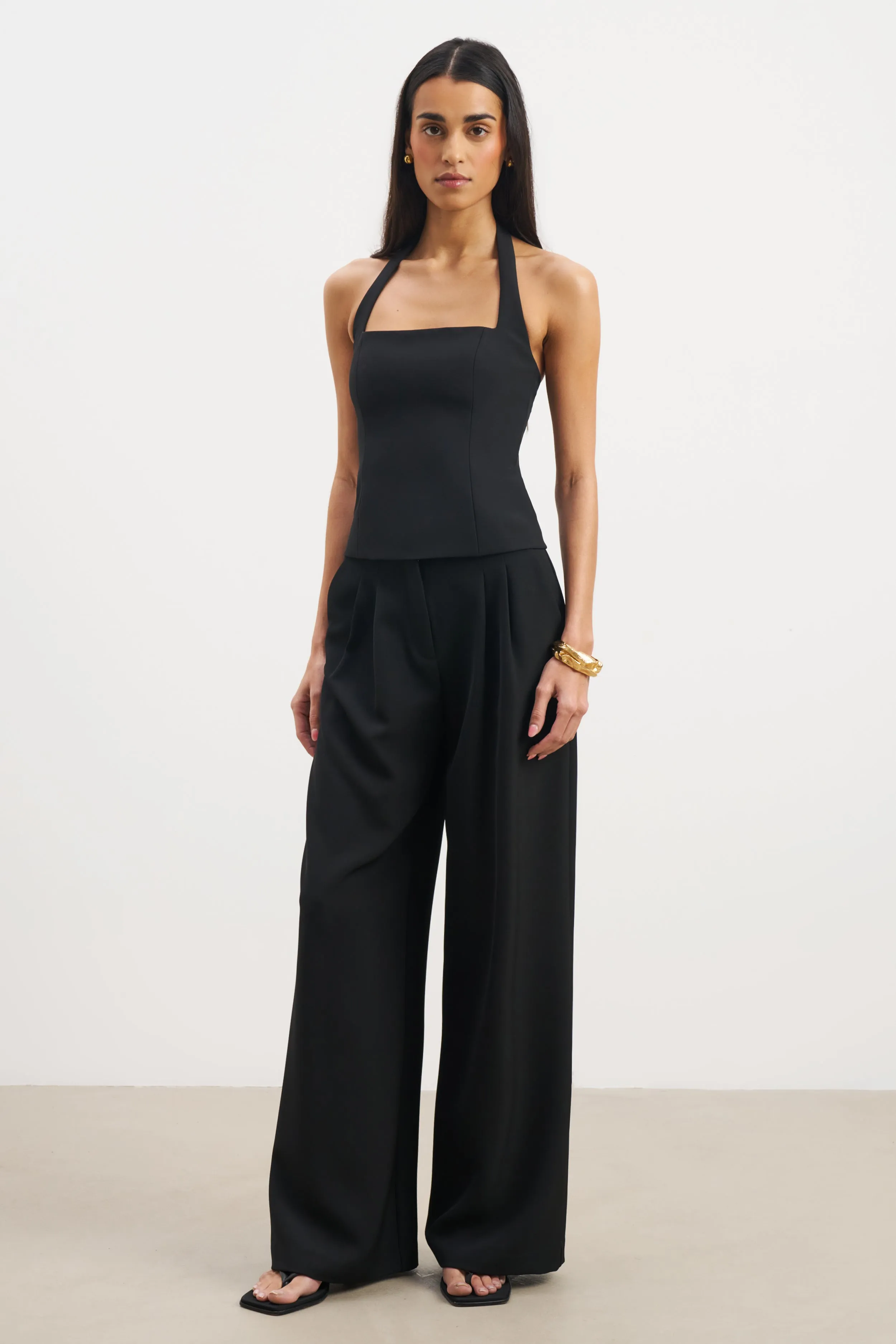 Stretchable Waistband Effortless Tailored Halter Bodice Top - Black