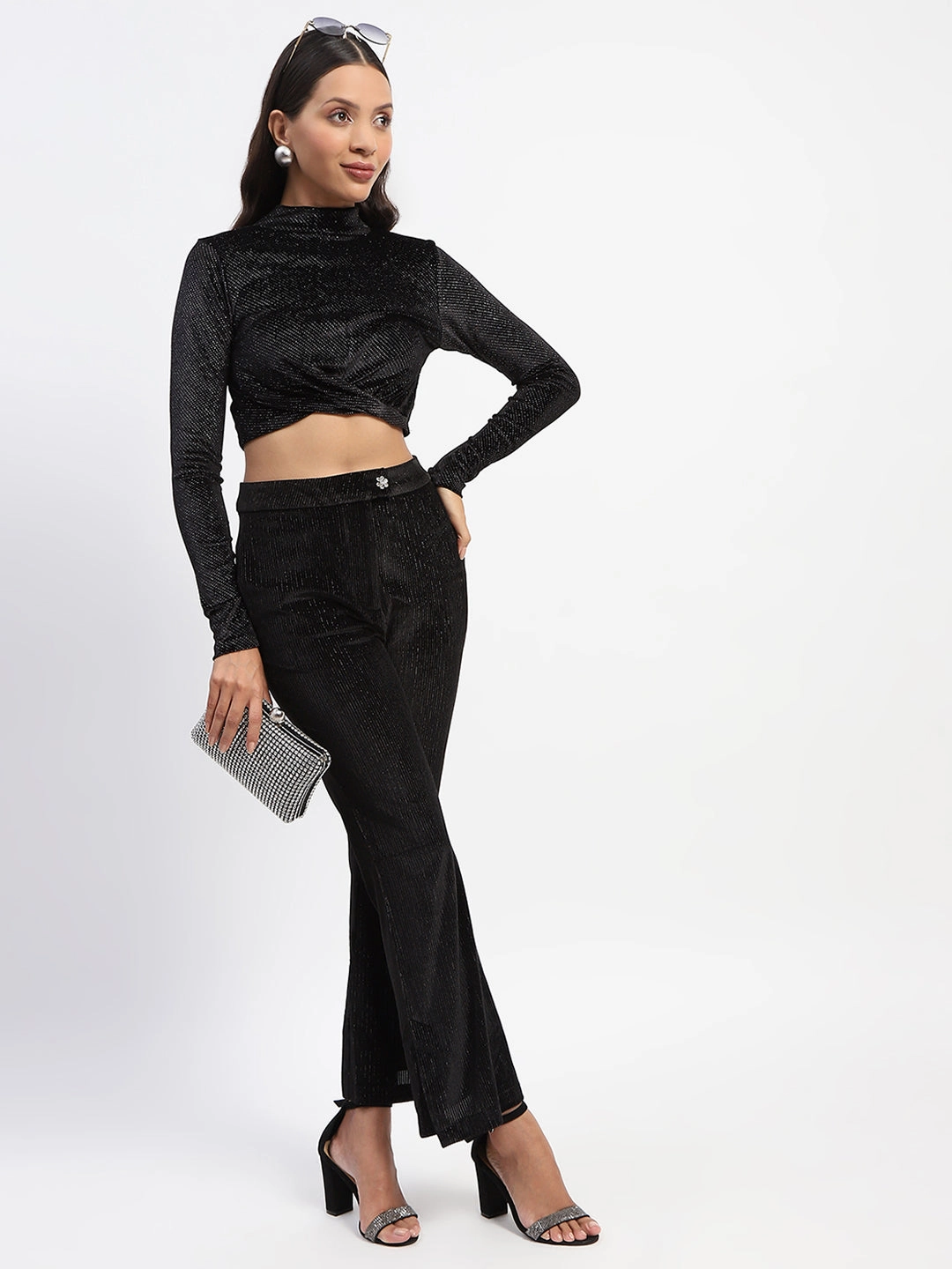 Madame Shimmery Wrap Black High Neck Crop Top Breathable Construction