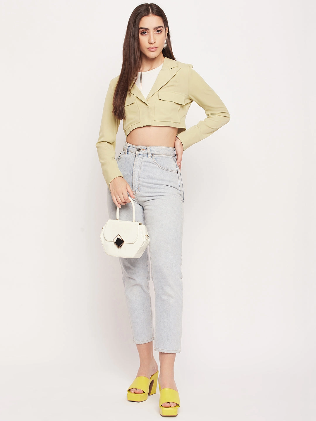 Madame Lapel Collar Lime Green Crop Blazer Flexible Fit Engineering Heavyweight Durability