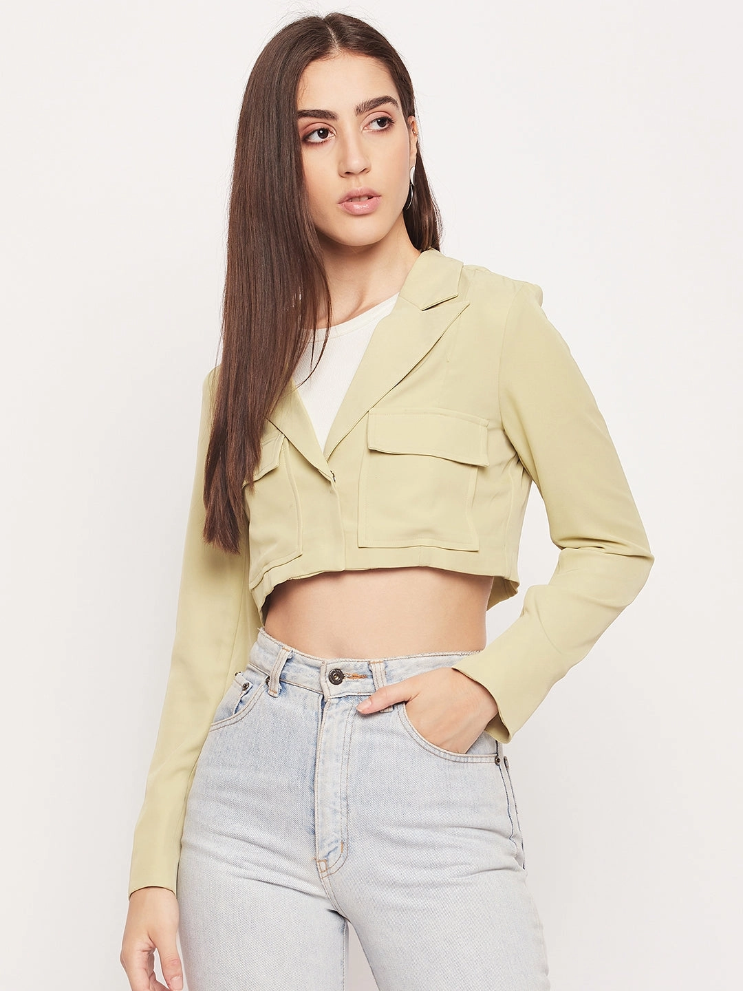 Madame Lapel Collar Lime Green Crop Blazer No Wrinkle BreathableLining