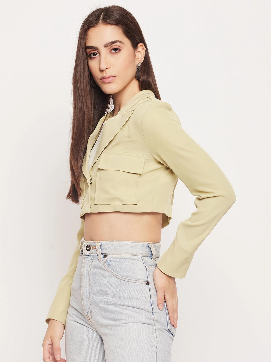 Madame Lapel Collar Lime Green Crop Blazer TearResistantOuter