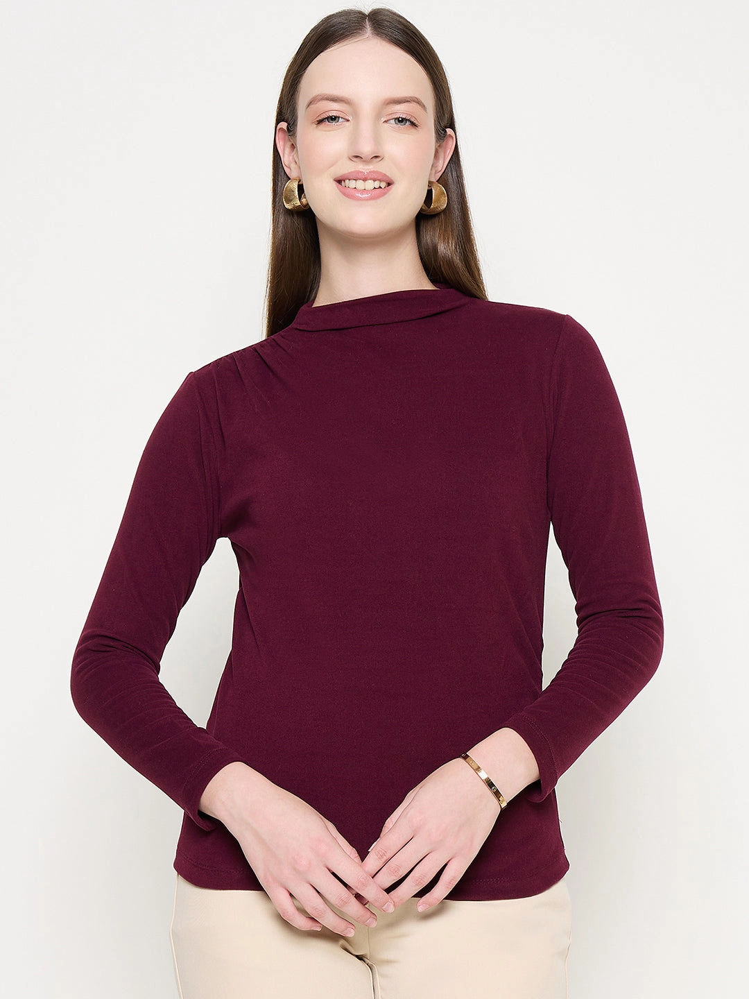 Madame Funnel Neck Full Sleeve Seam Detailed Solid Maroon Knitted Top NonIrritatingEdges BondedEdges