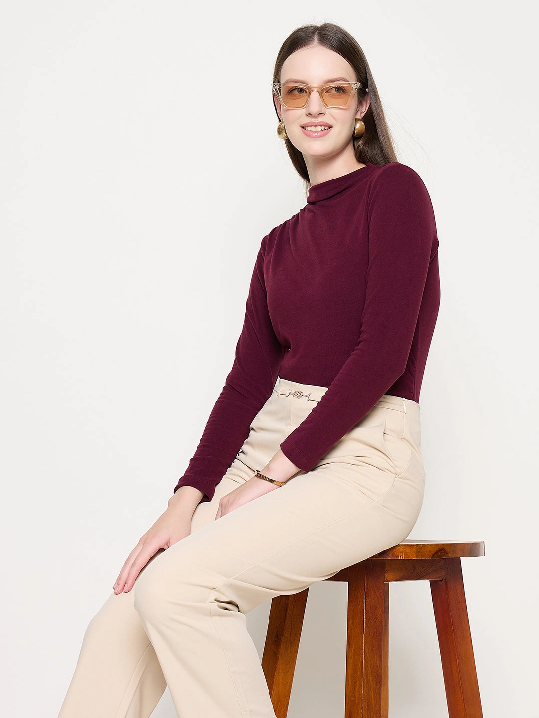 Hydrophobic Threadwork Madame Funnel Neck Full Sleeve Seam Detailed Solid Maroon Knitted Top