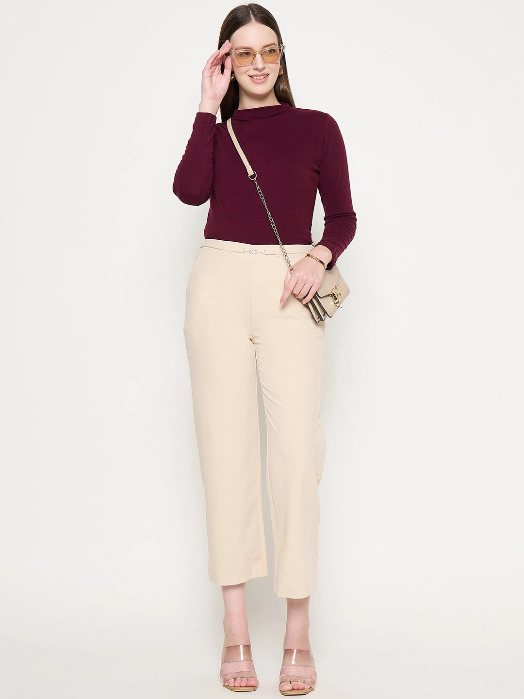 OversizedSilhouette HeatRegulating Madame Funnel Neck Full Sleeve Seam Detailed Solid Maroon Knitted Top