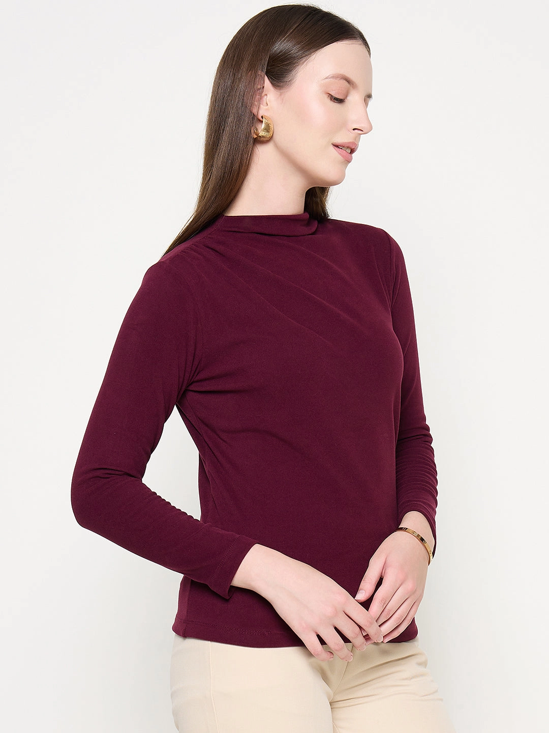 Madame Funnel Neck Full Sleeve Seam Detailed Solid Maroon Knitted Top Oversized Silhouette HighStrength Threadwork