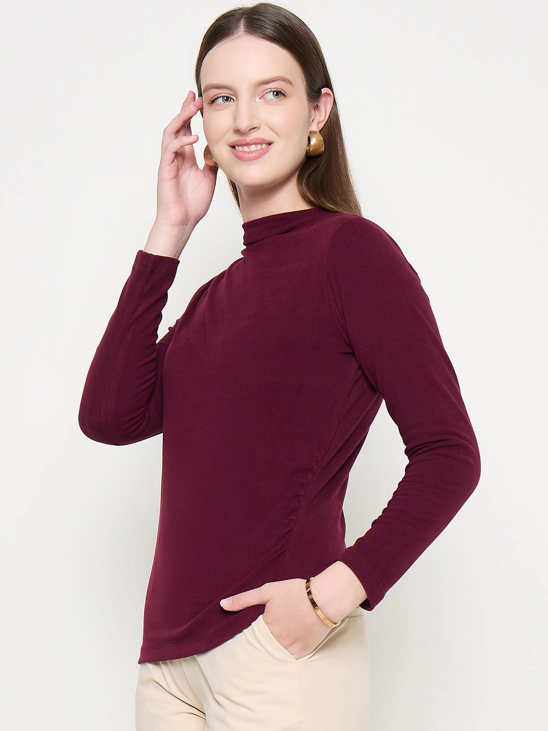 Madame Funnel Neck Full Sleeve Seam Detailed Solid Maroon Knitted Top Professional Cut Non Restrictive Collar