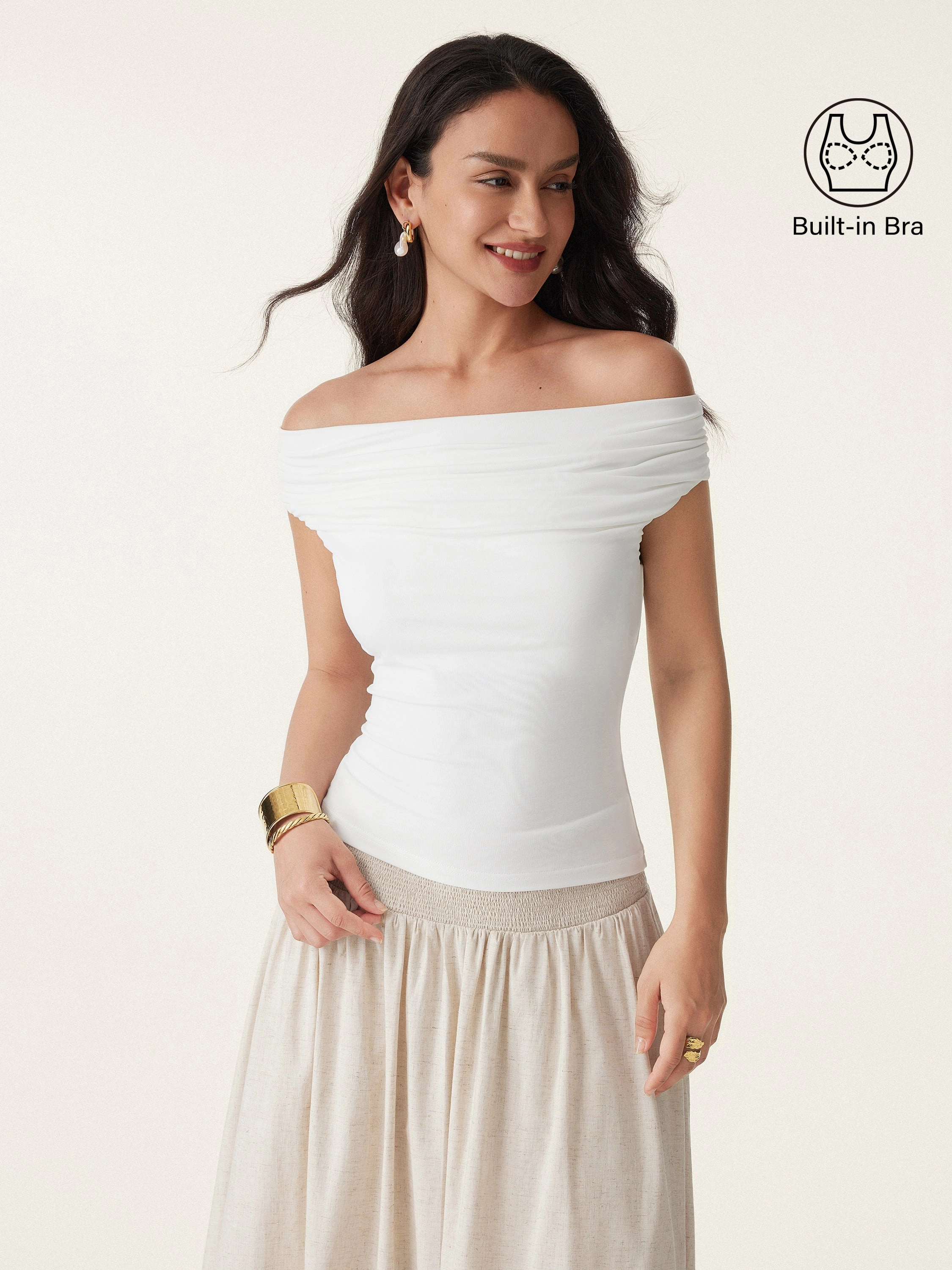 Ruched Off-shoulder New Airy Brami Top Layered Ply Construction AllDaySoftness