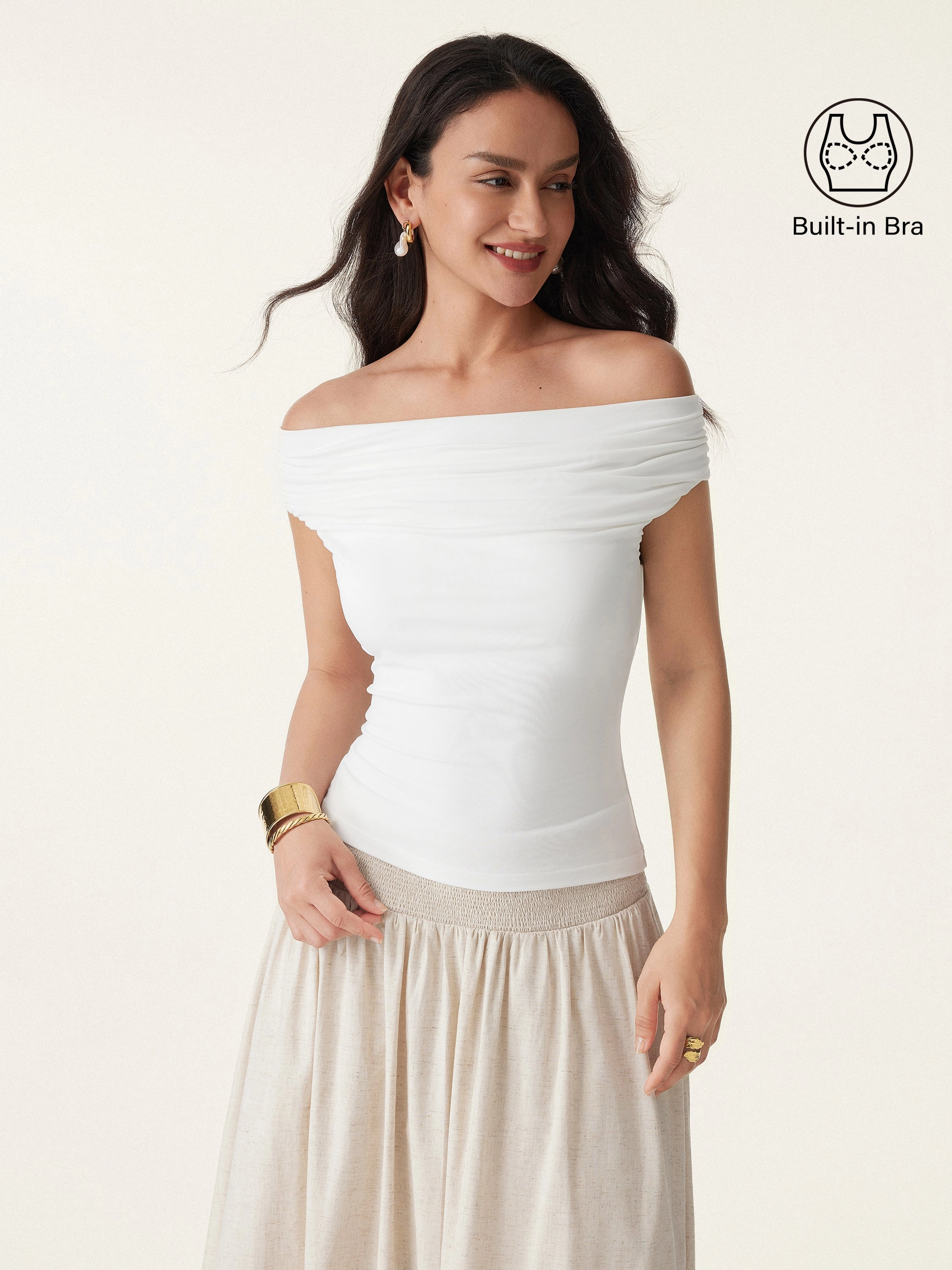 Ruched Off-shoulder New Airy Brami Top Interlock Knit QuickDryTechnology