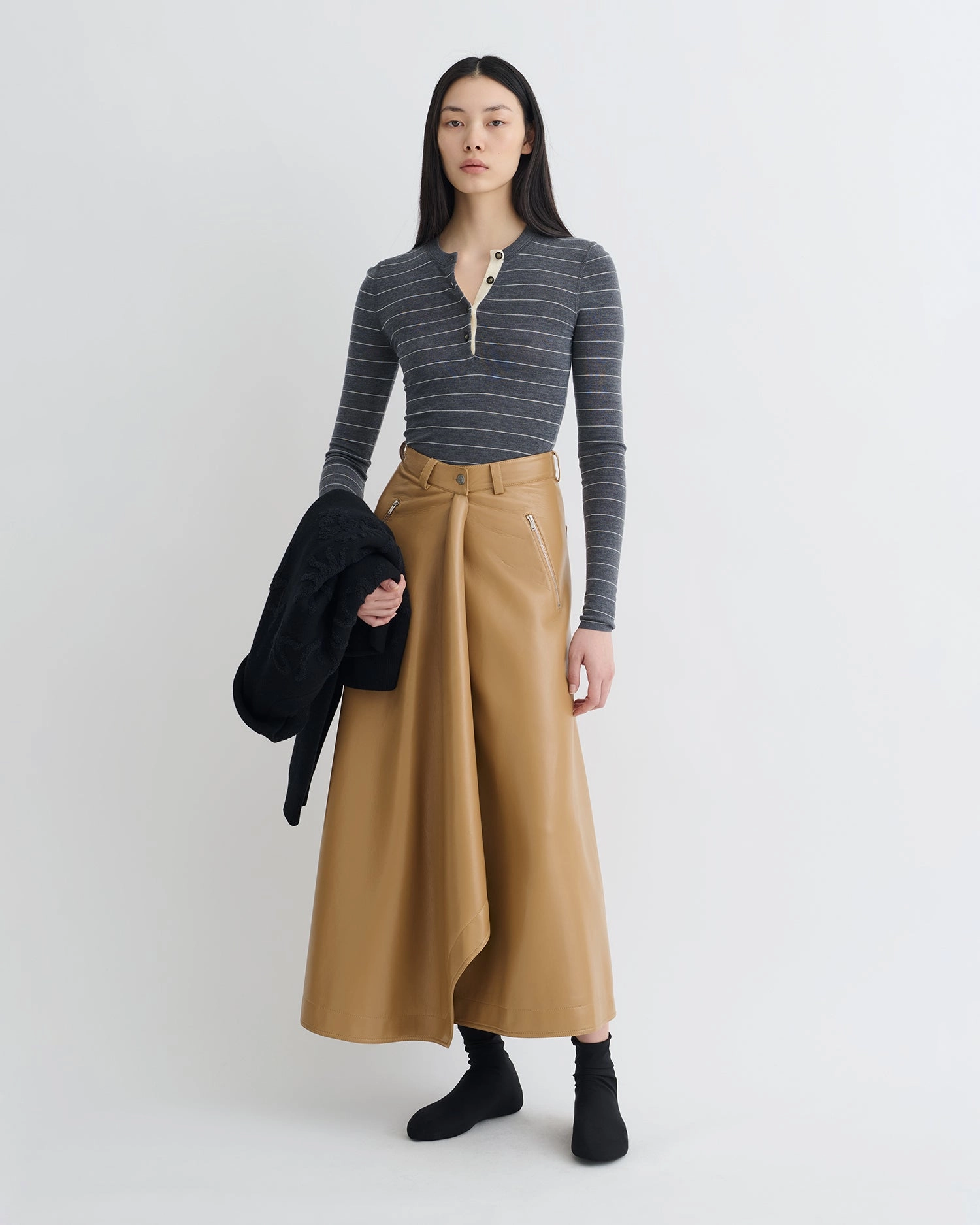 Ariyah - Striped Terry Merino Top - Grey Stripe Recycled Polyester Blend Reinforced Stress Points