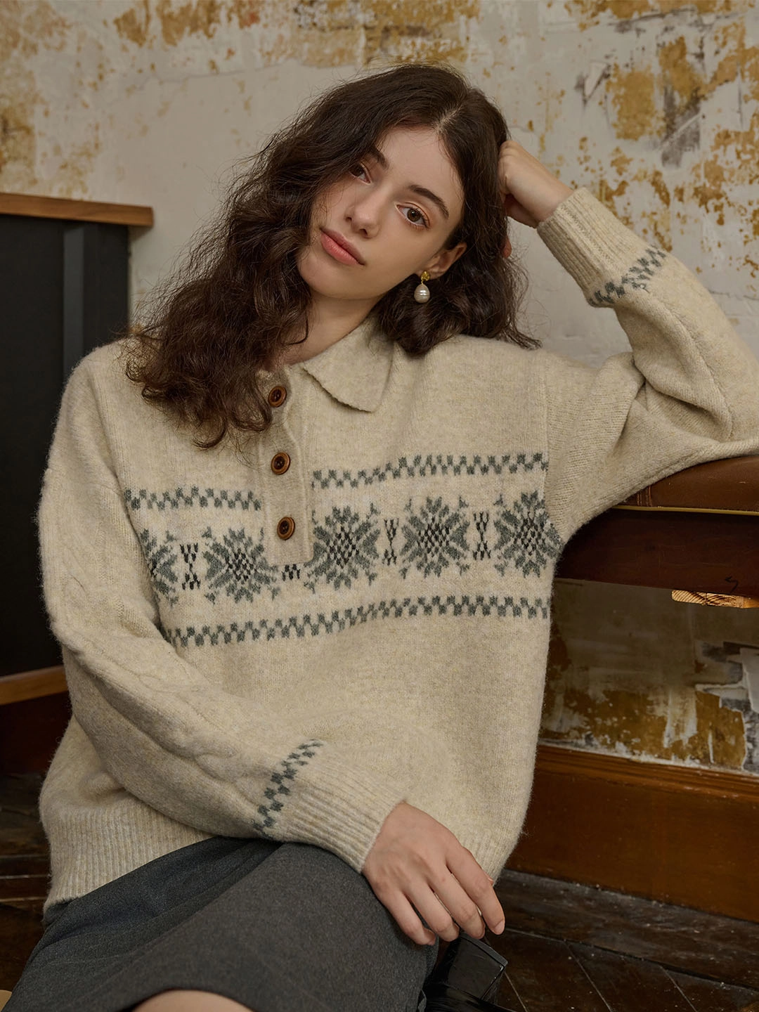 Fresh Layer Norah Snowflake Jacquard Polo Fair Isle Knit Sweater-Grey