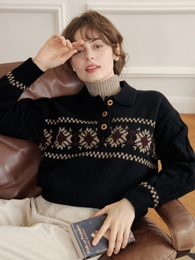 Norah Snowflake Jacquard Polo Fair Isle Knit Sweater Fresh Outfit Zigzag Stitch Detail