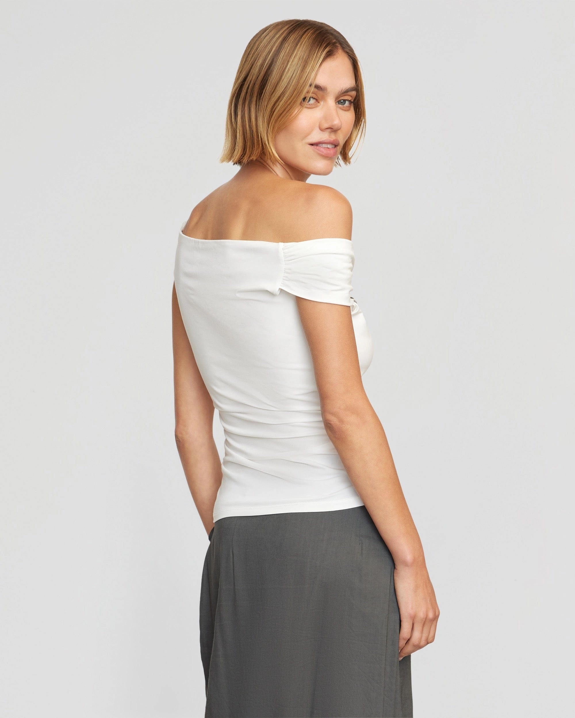 Non Restrictive Armhole Cut Adjustable Cuffs Mai Asymmetric Off-Shoulder Tee