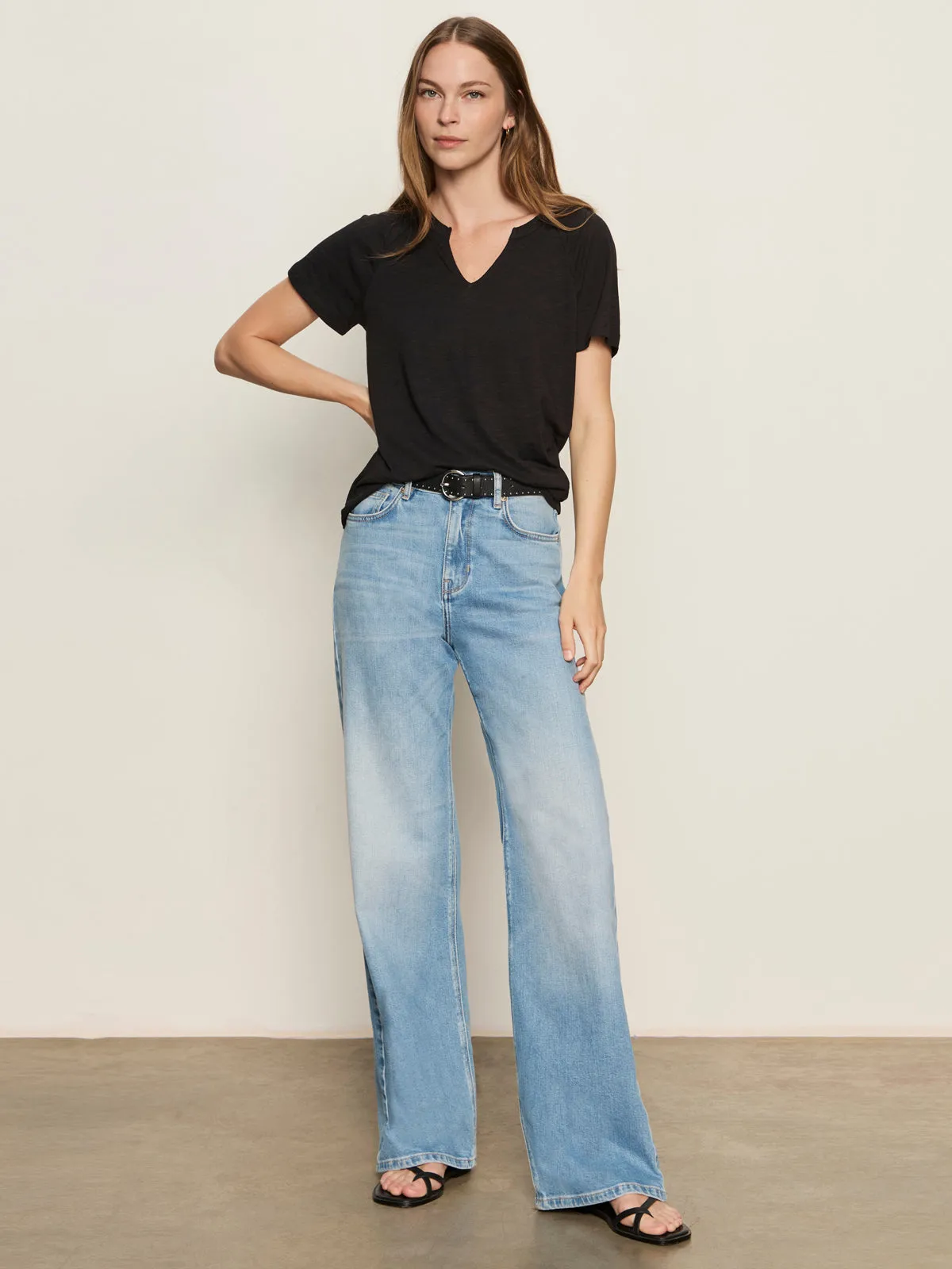 Notch Neck Tee Black Flexible Collar Bohemian