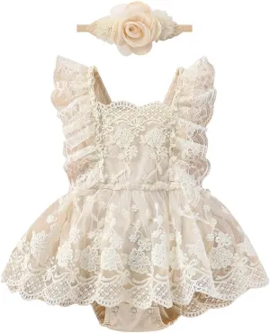 OBEEII Baby Girls 1st Birthday Outfit Boho Floral Embroidery Lace Romper Dress Headband Infant Cake Smash Photoshoot Outfit