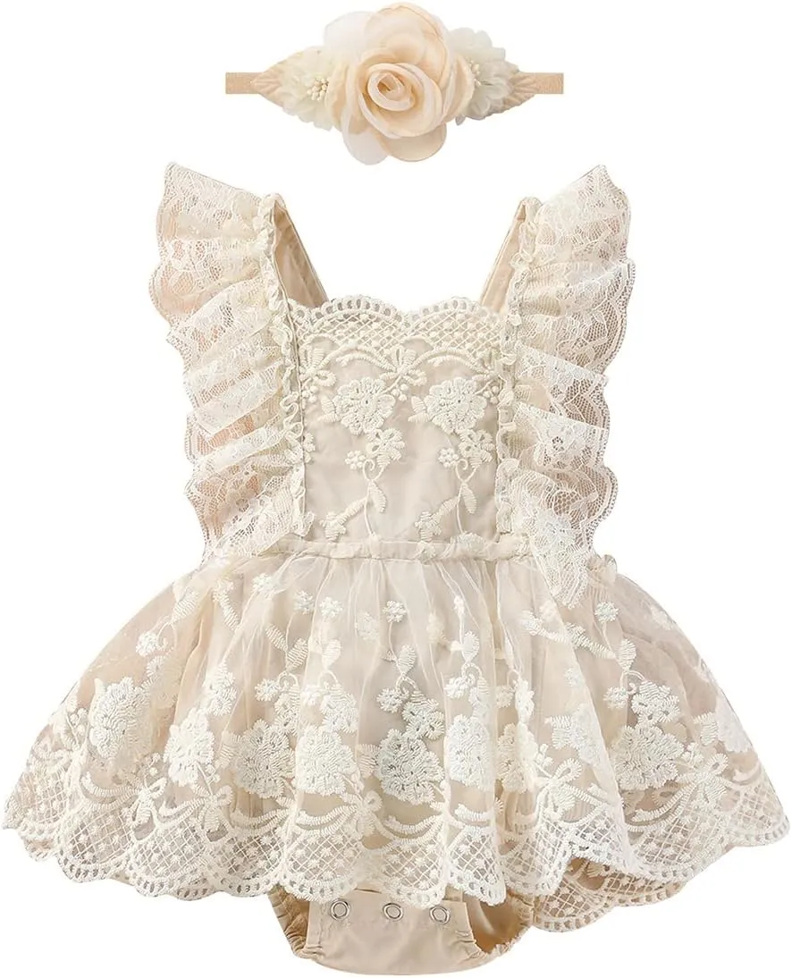 OBEEII Baby Girls 1st Birthday Outfit Boho Floral Embroidery Lace Romper Dress Headband Infant Cake Smash Photoshoot Outfit