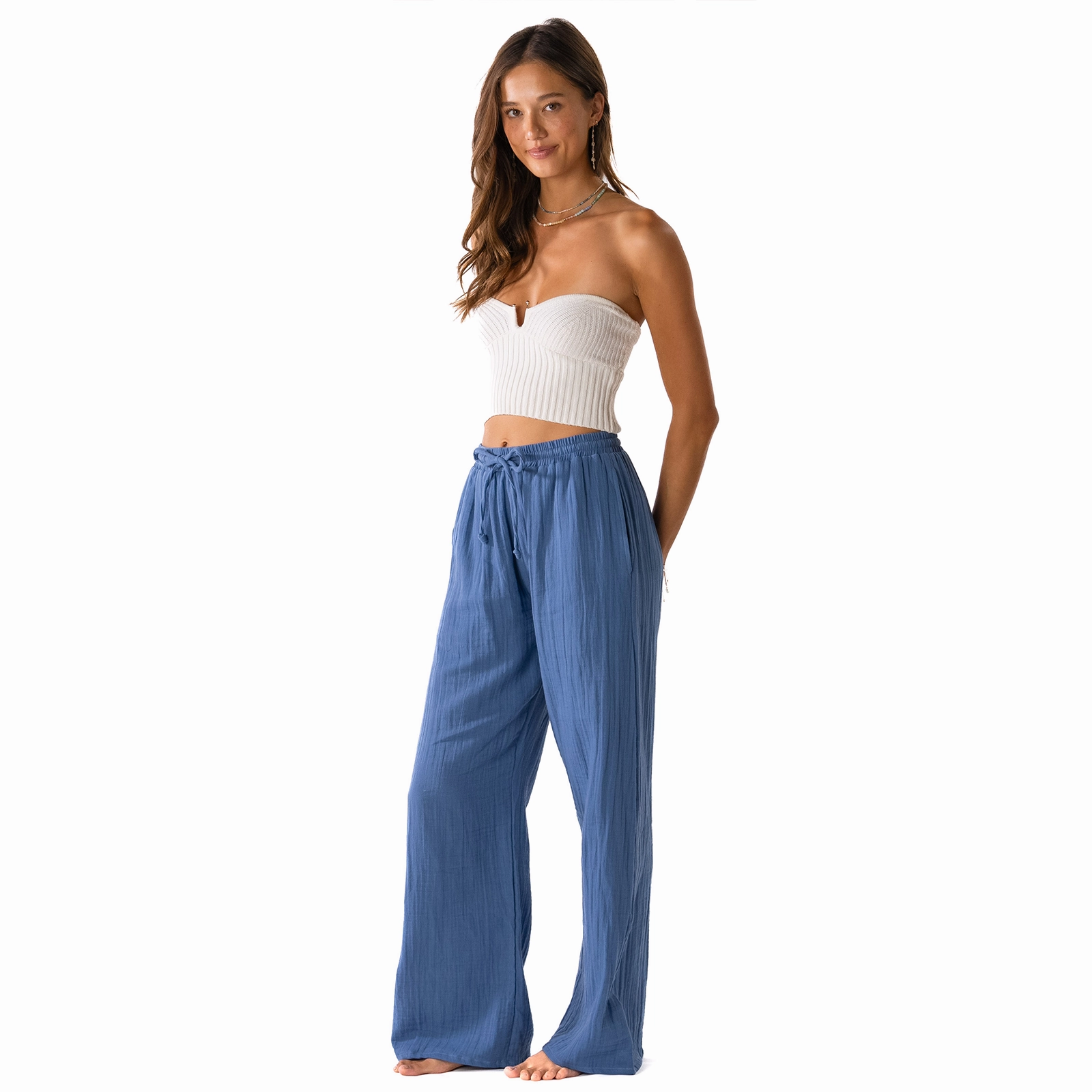 Ocean Blue Cotton Cabana Pants Casual Office Modern Utility