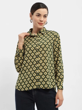 Madame Geometric Print Mustard Yellow Regular Shirt Breathable back panel