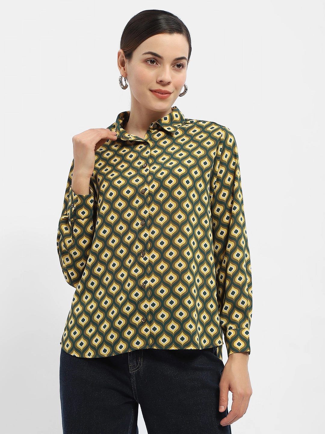 Madame Geometric Print Mustard Yellow Regular Shirt Breathable back panel