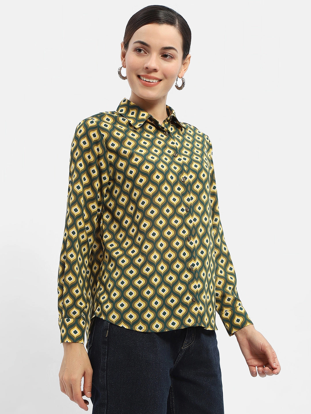 Madame Geometric Print Mustard Yellow Regular Shirt Non Restrictive Armhole