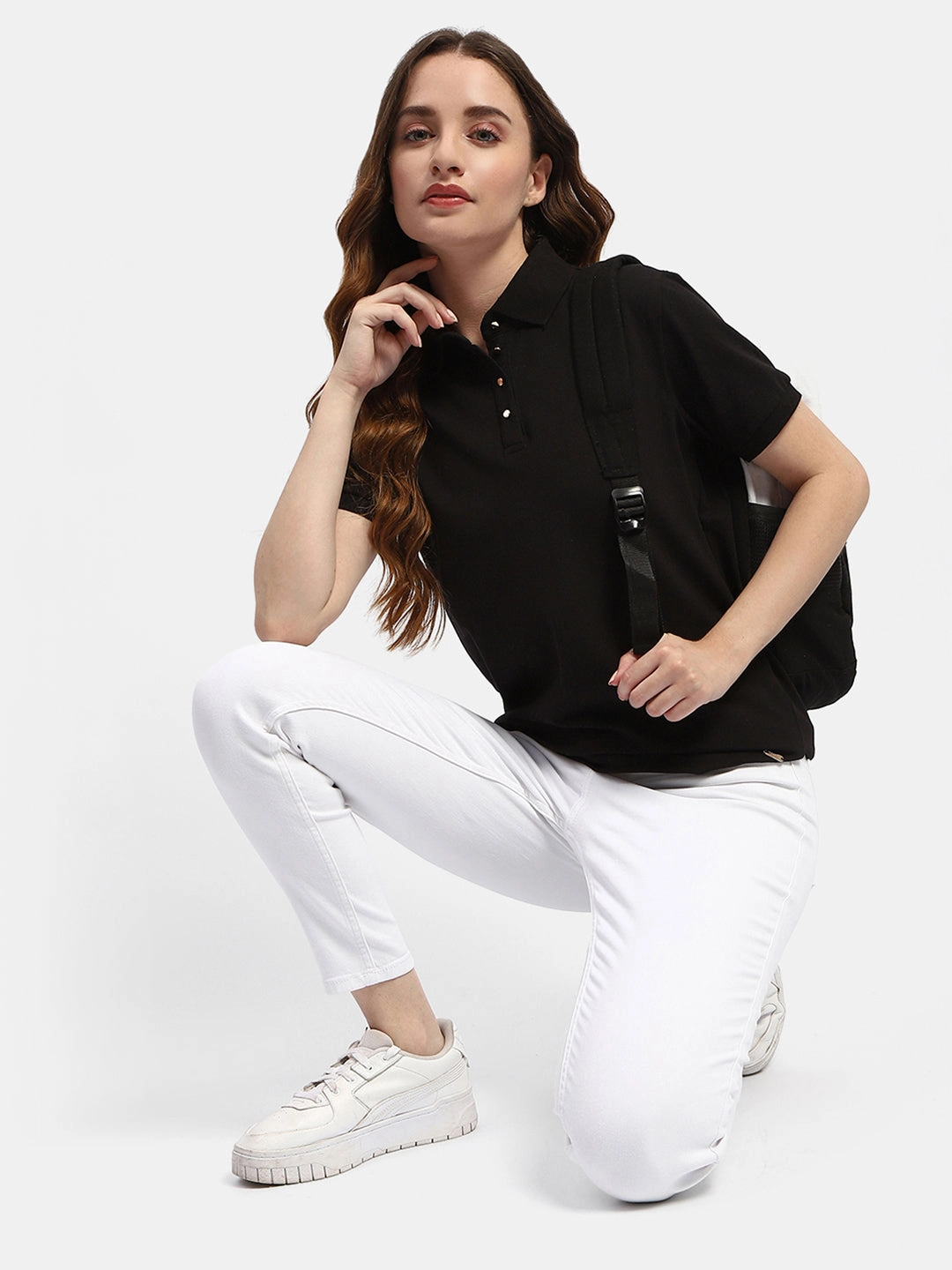 QuickDry Material Madame Solid Black Polo Neck T-Shirt