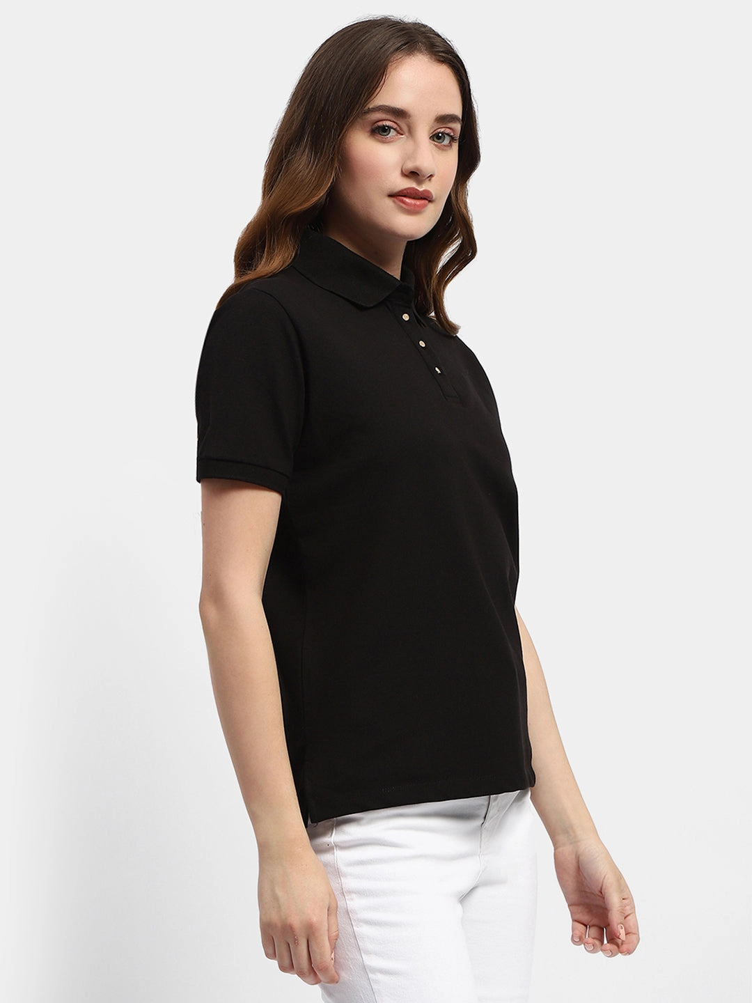 Floral Pattern Wedding Madame Solid Black Polo Neck T-Shirt