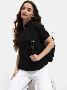 Wedding Soft Layering Madame Solid Black Polo Neck T-Shirt