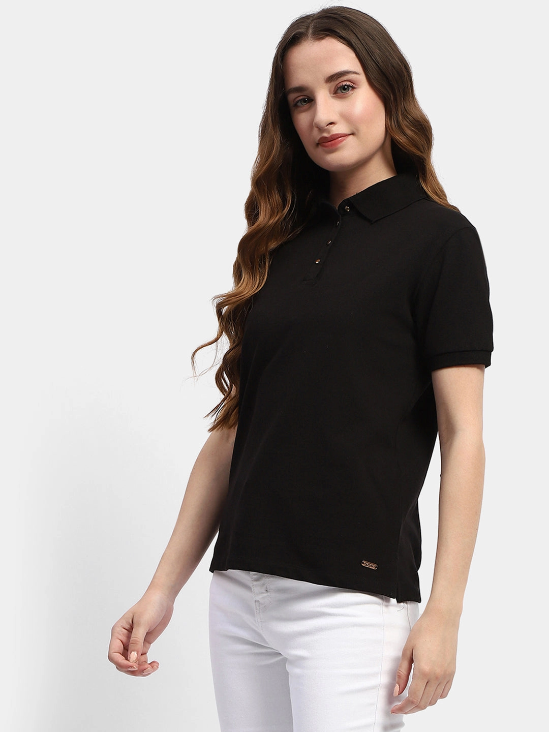 Madame Solid Black Polo Neck T-Shirt Non Toxic Printing