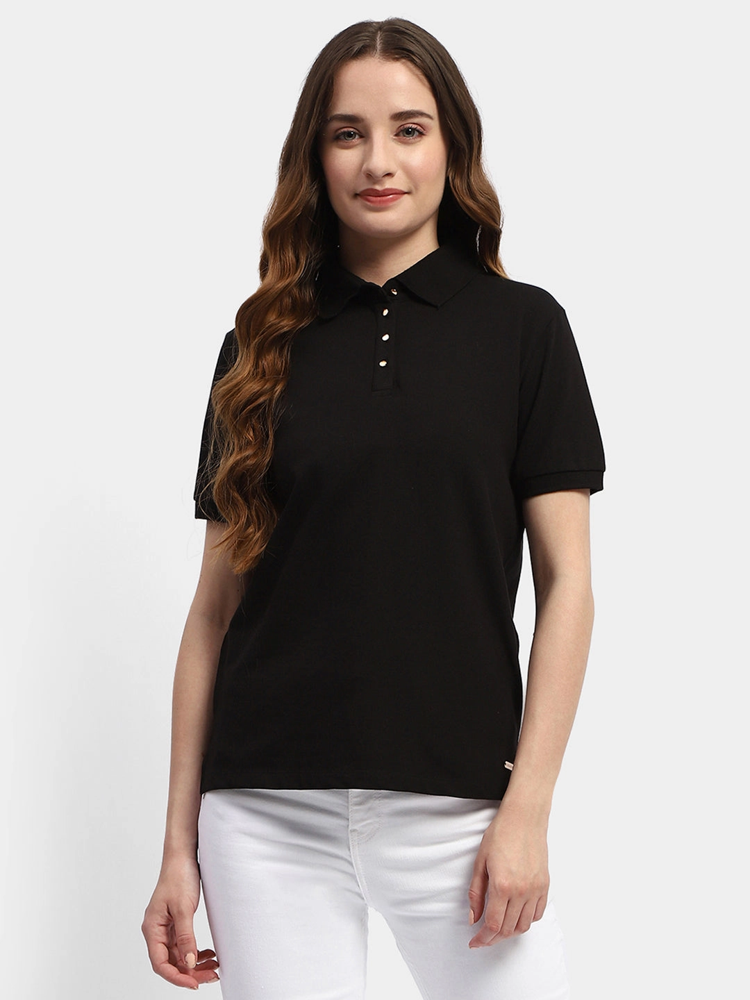 Flexible Waist Madame Solid Black Polo Neck T-Shirt