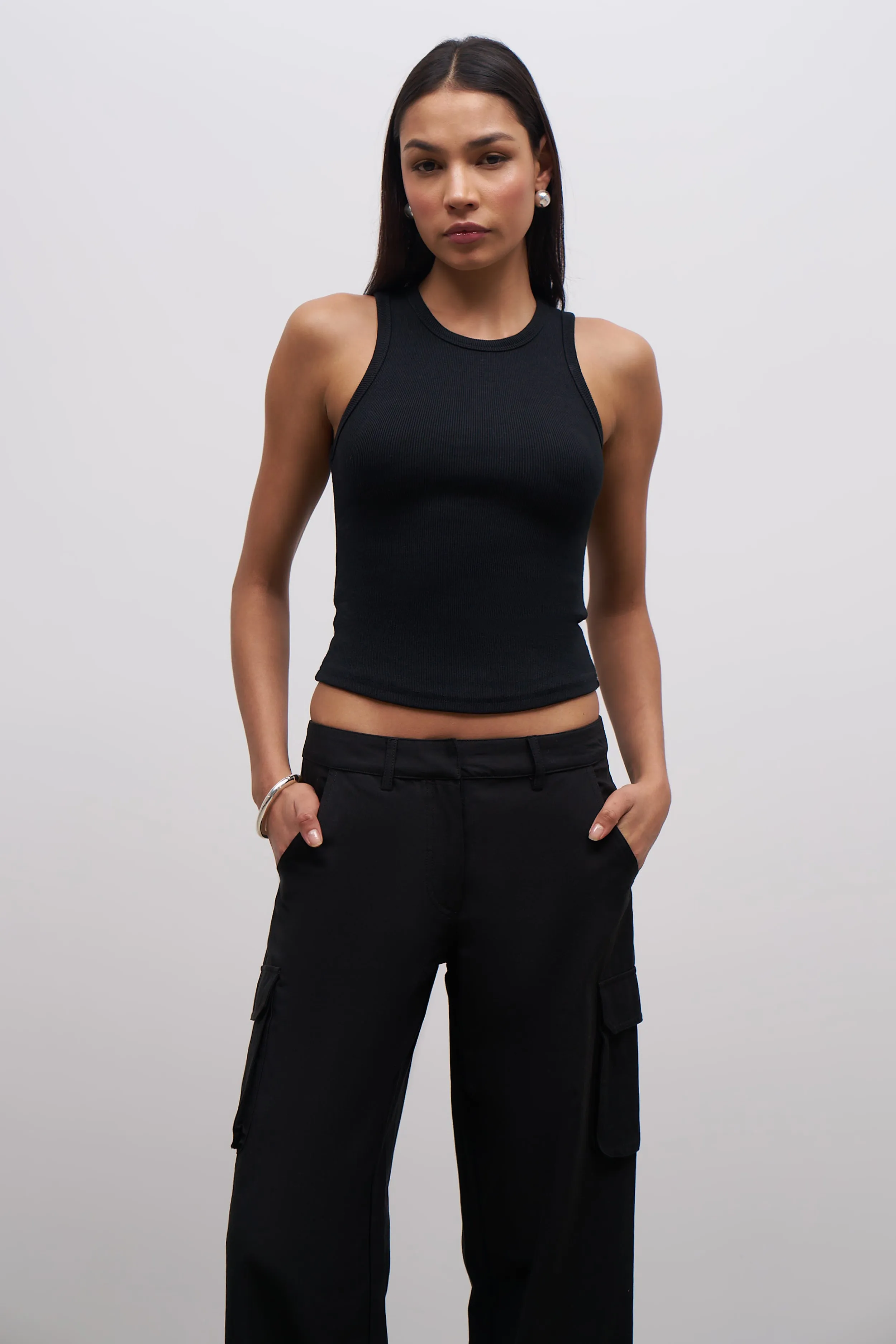 Heavy Ribbed Racer Top - Black Stretch Weave Construction ReinforcedEdges